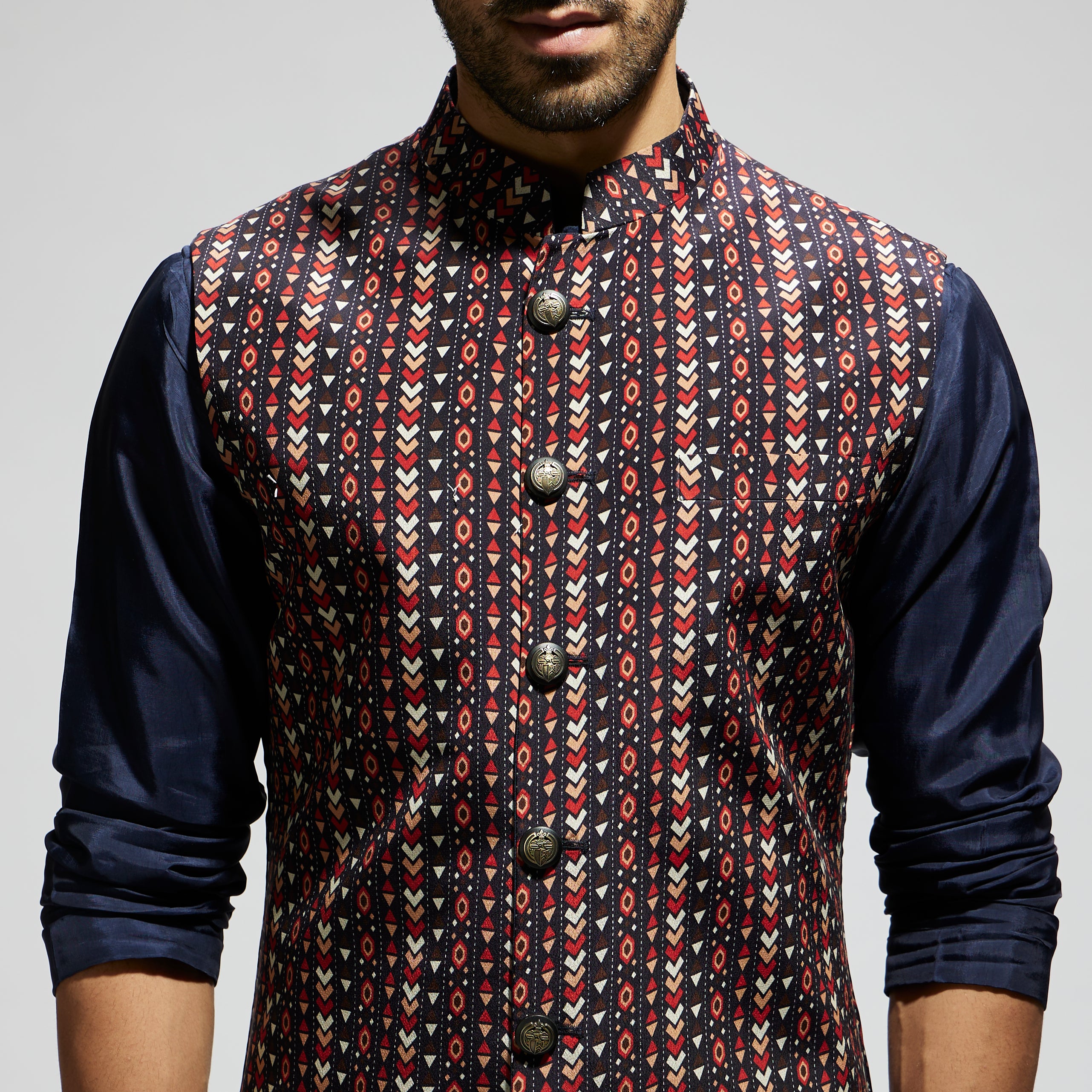 BLUE BOHO GEO BUNDI
PAIRED WITH SOLID BLUE KURTA AND PANTS