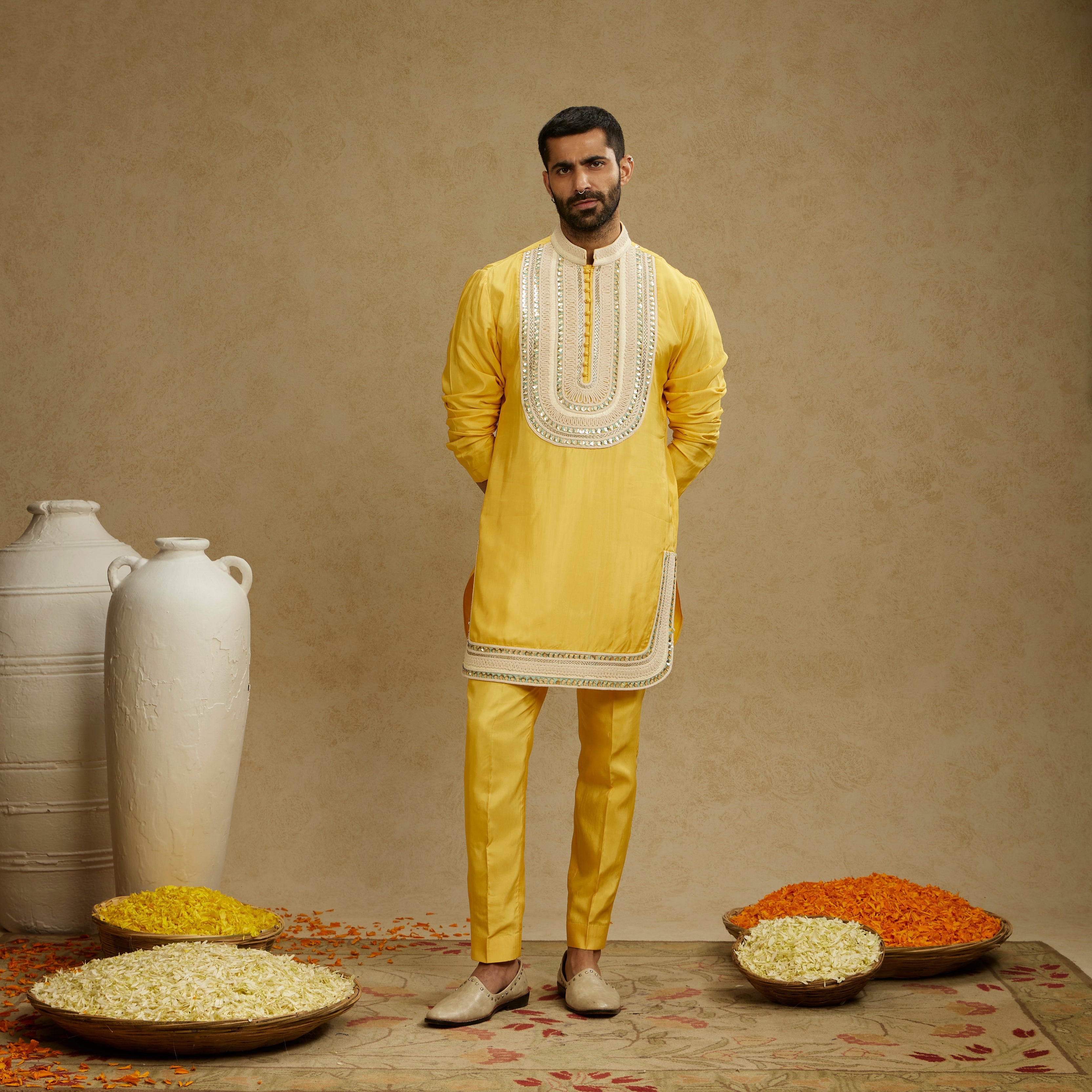 Dandelion Yellow Threadwork Yoke Kurta with Pants