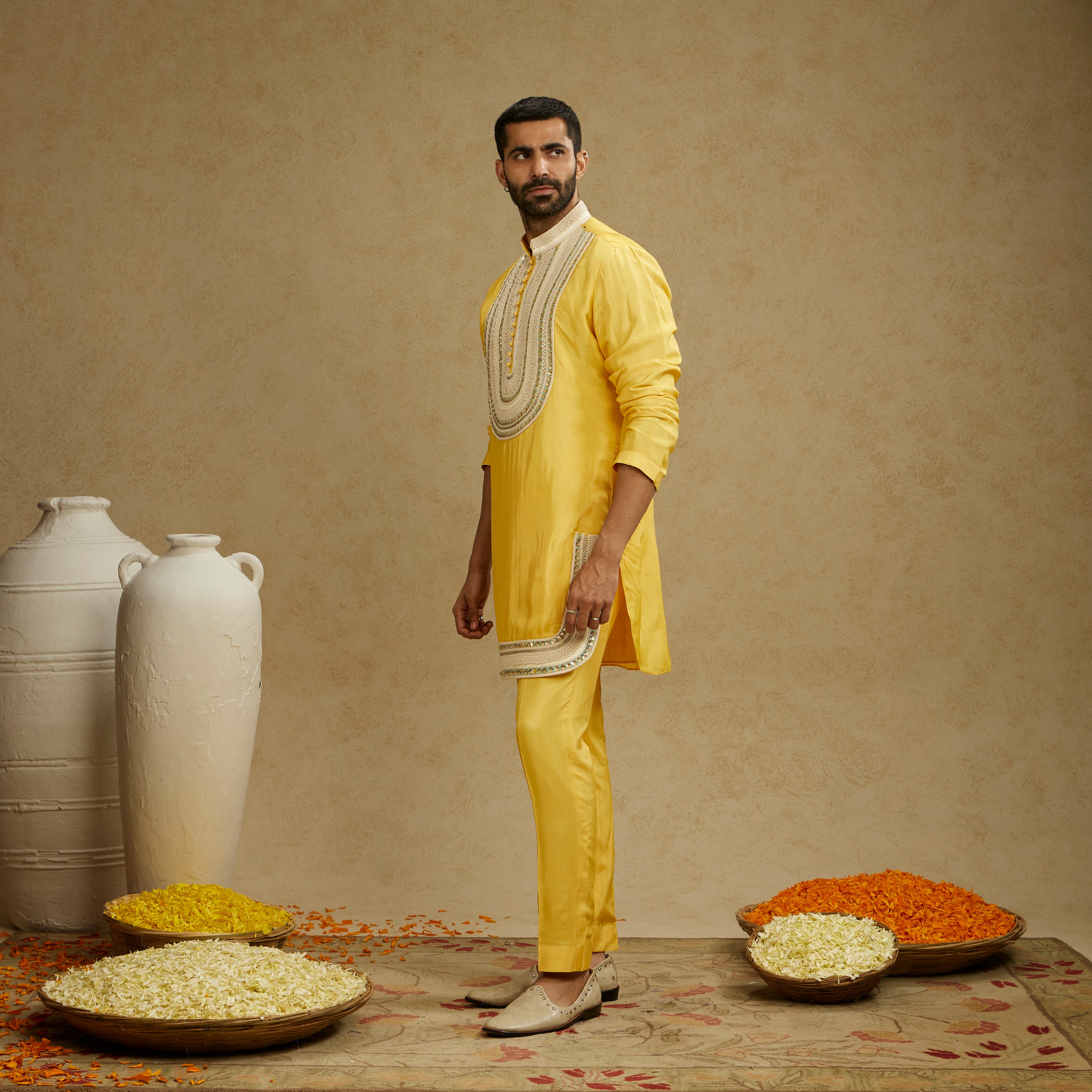 Dandelion Yellow Threadwork Yoke Kurta with Pants