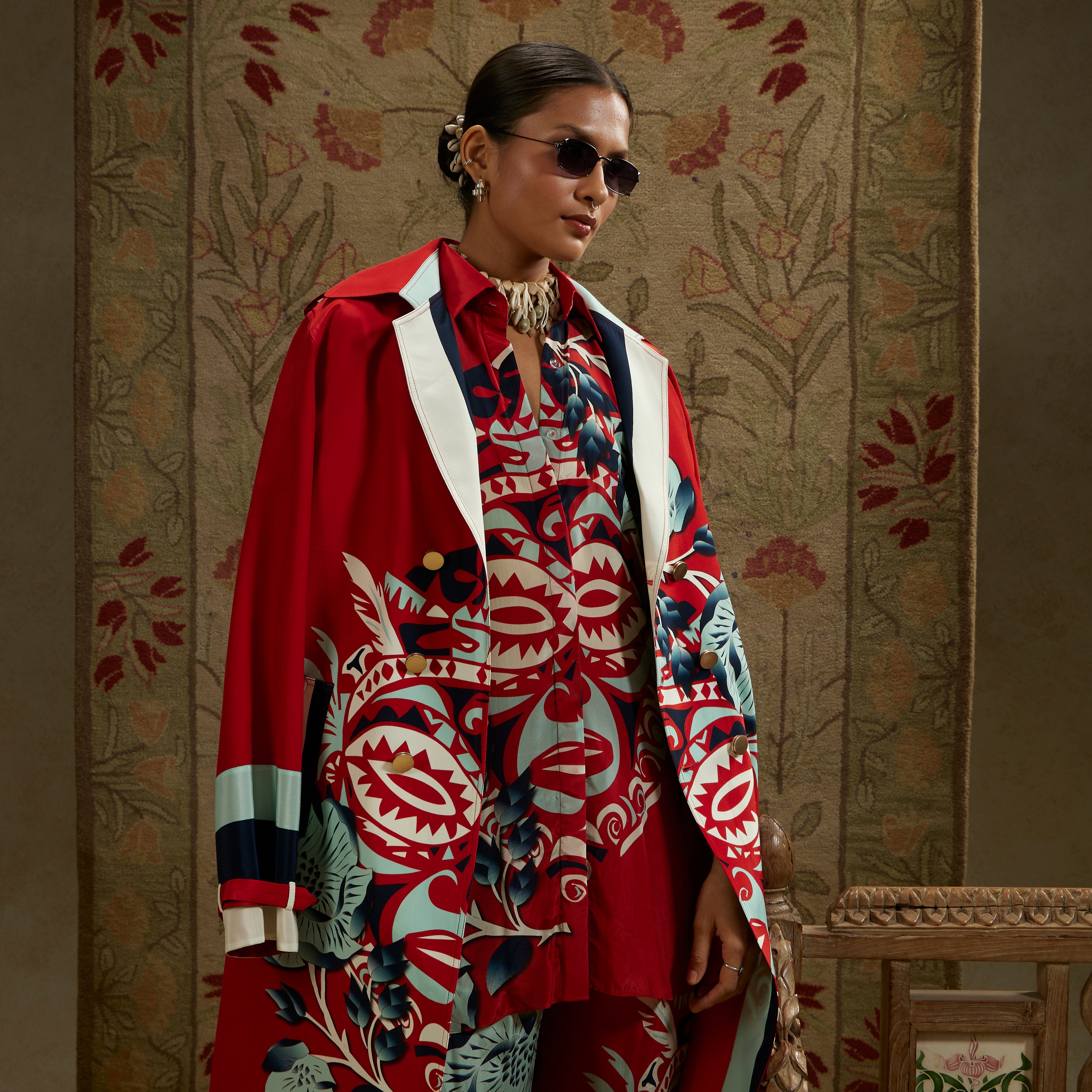 Red Mask Print Trench Coat