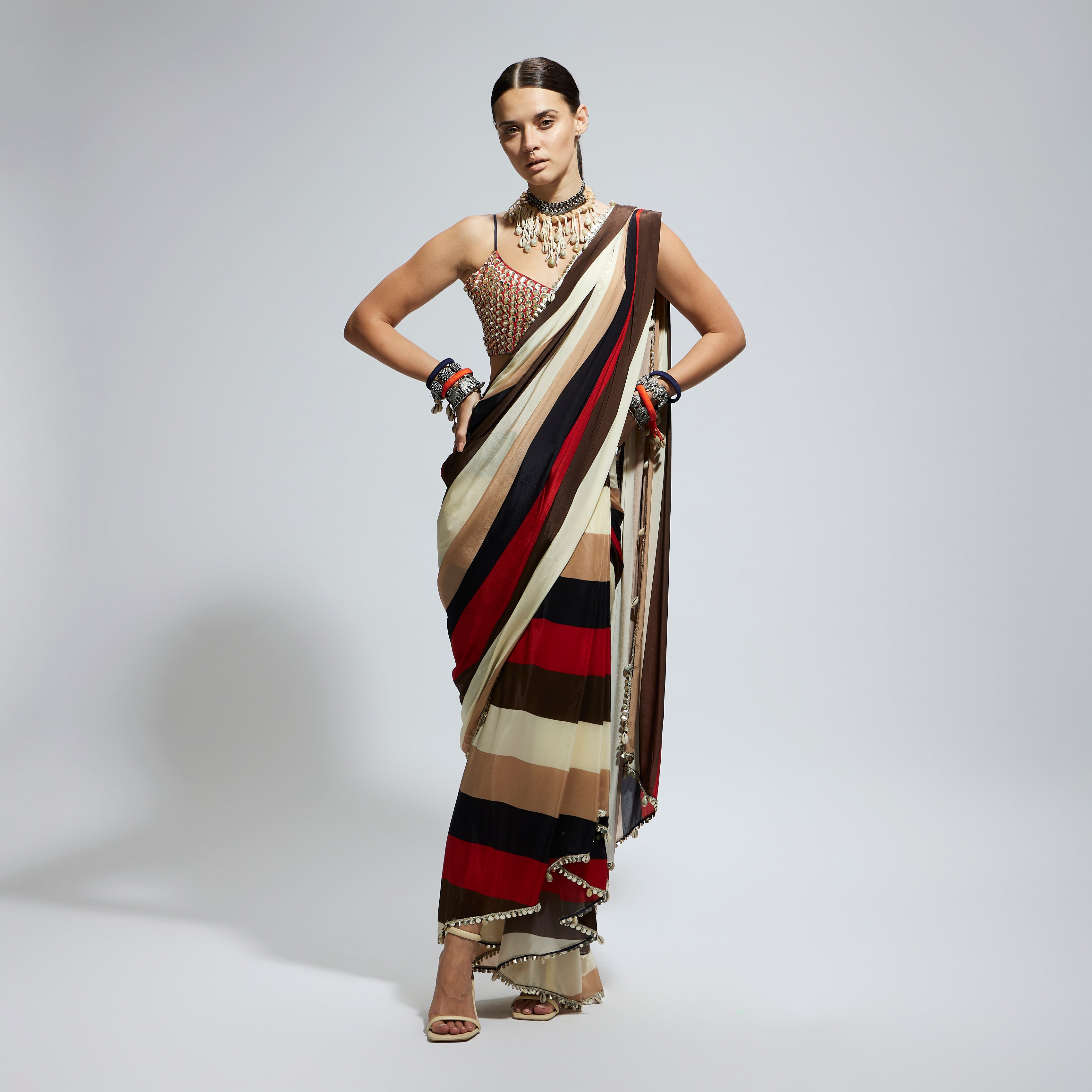 SAMSARA STRIPE PRINT CASCADE SAREE WITH METALLIC SCALLOP BUSTIER