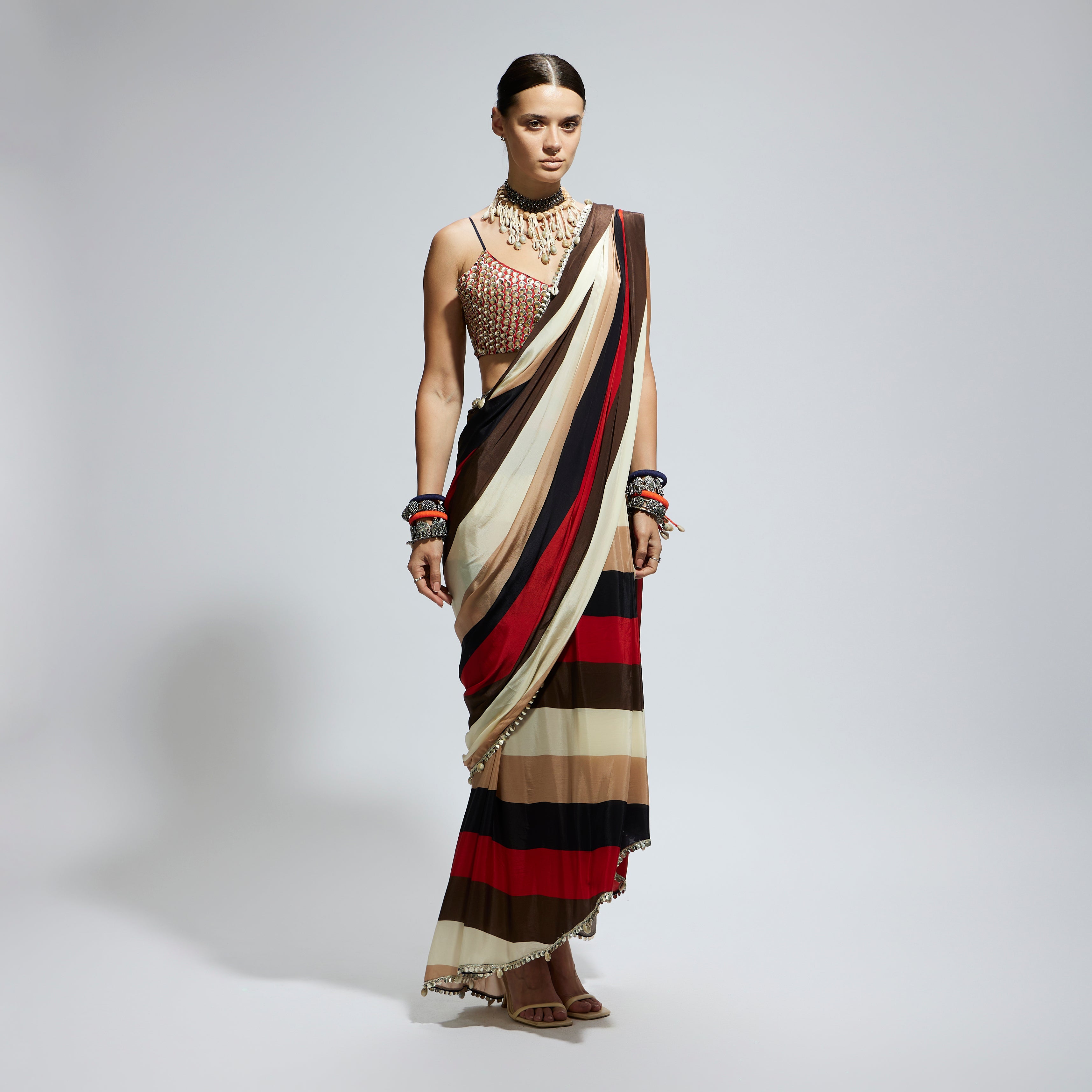 SAMSARA STRIPE PRINT CASCADE SAREE WITH METALLIC SCALLOP BUSTIER