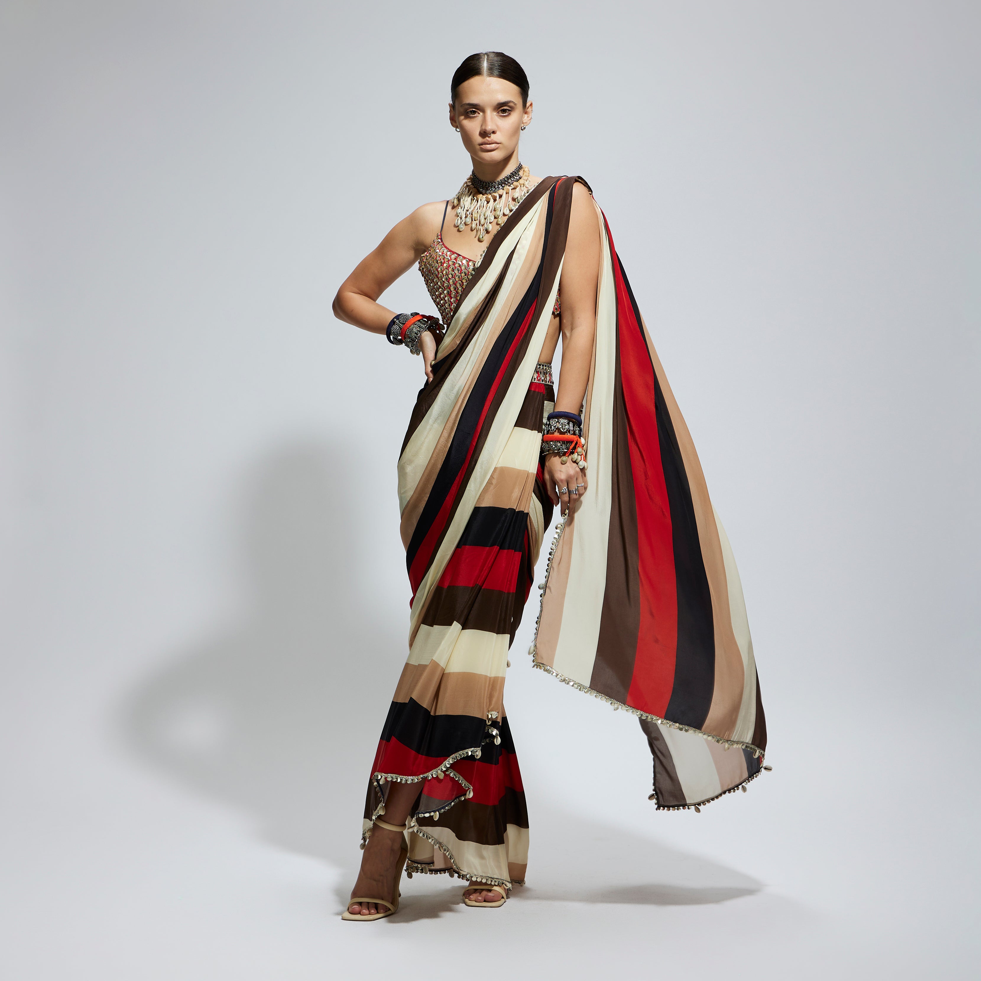 SAMSARA STRIPE PRINT CASCADE SAREE WITH METALLIC SCALLOP BUSTIER