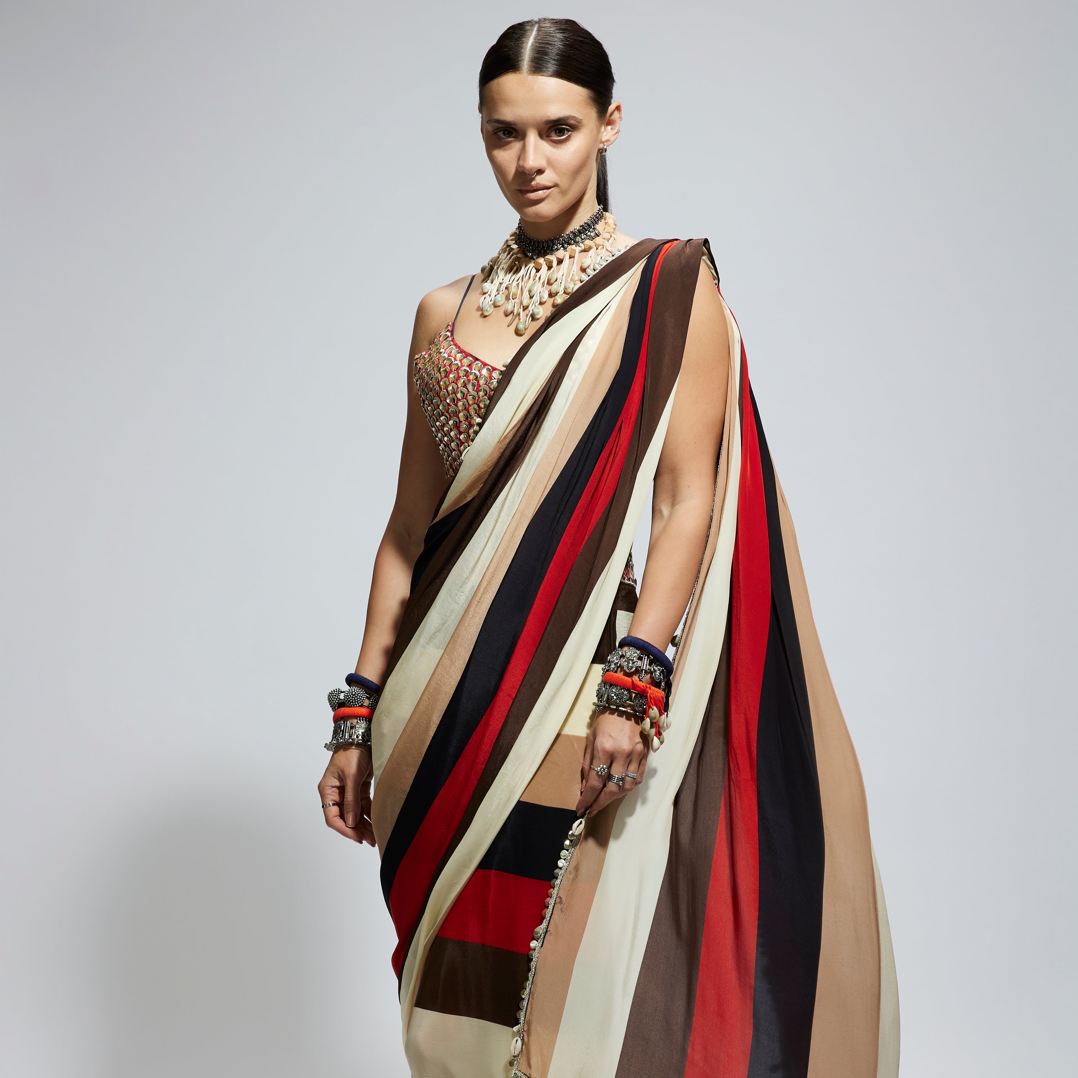 SAMSARA STRIPE PRINT CASCADE SAREE WITH METALLIC SCALLOP BUSTIER