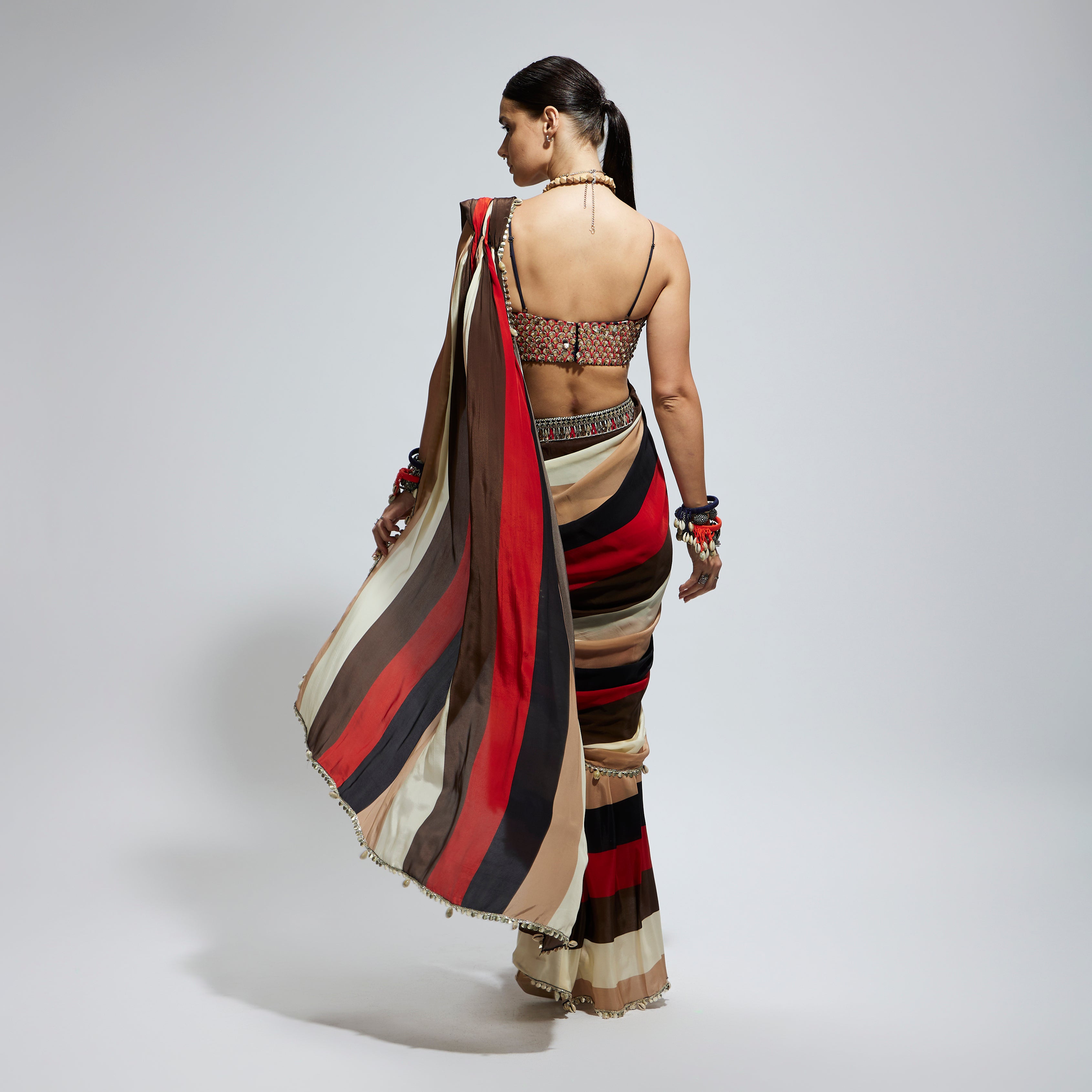 SAMSARA STRIPE PRINT CASCADE SAREE WITH METALLIC SCALLOP BUSTIER
