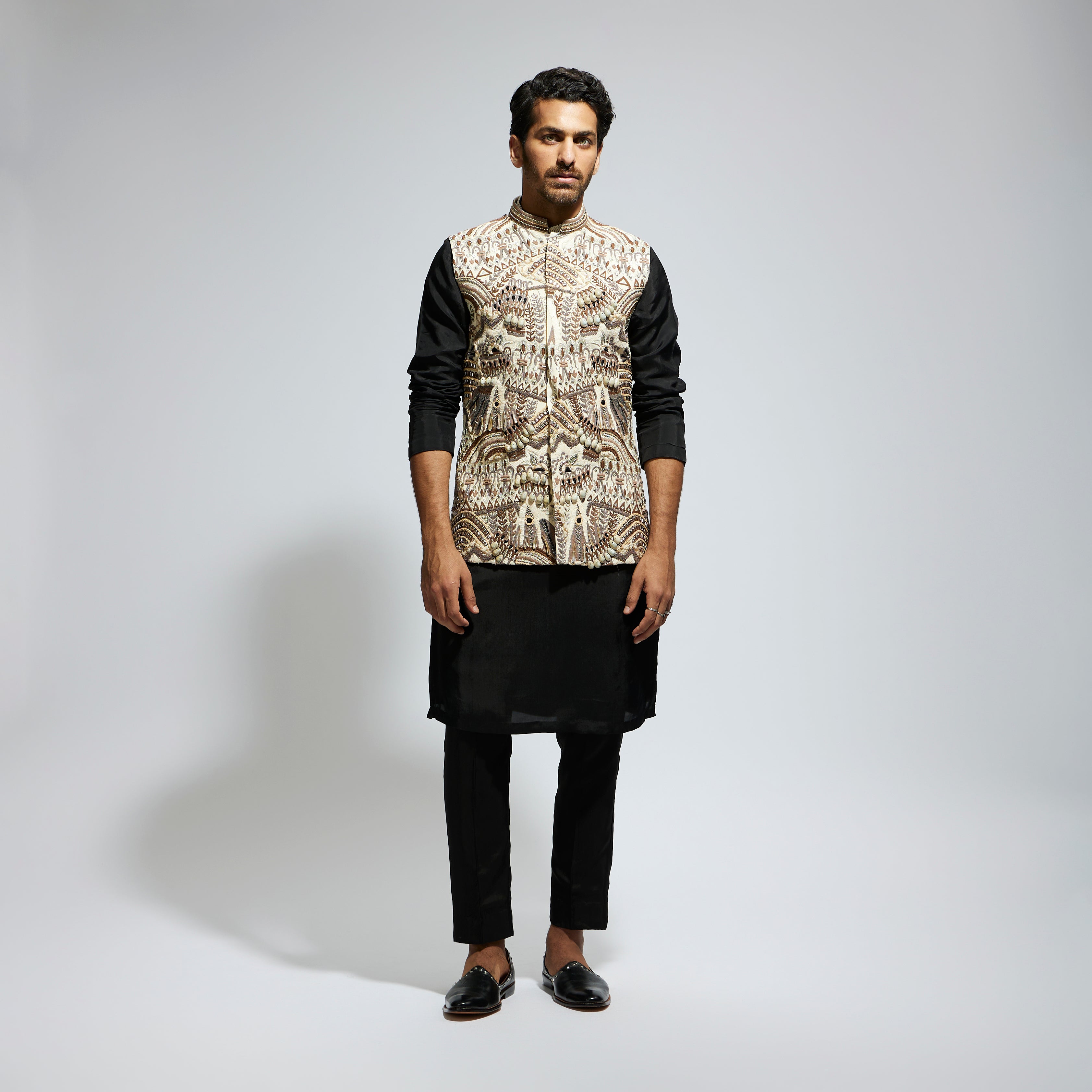 IVORY ABTRACT EMBROIDERED BUNDI
