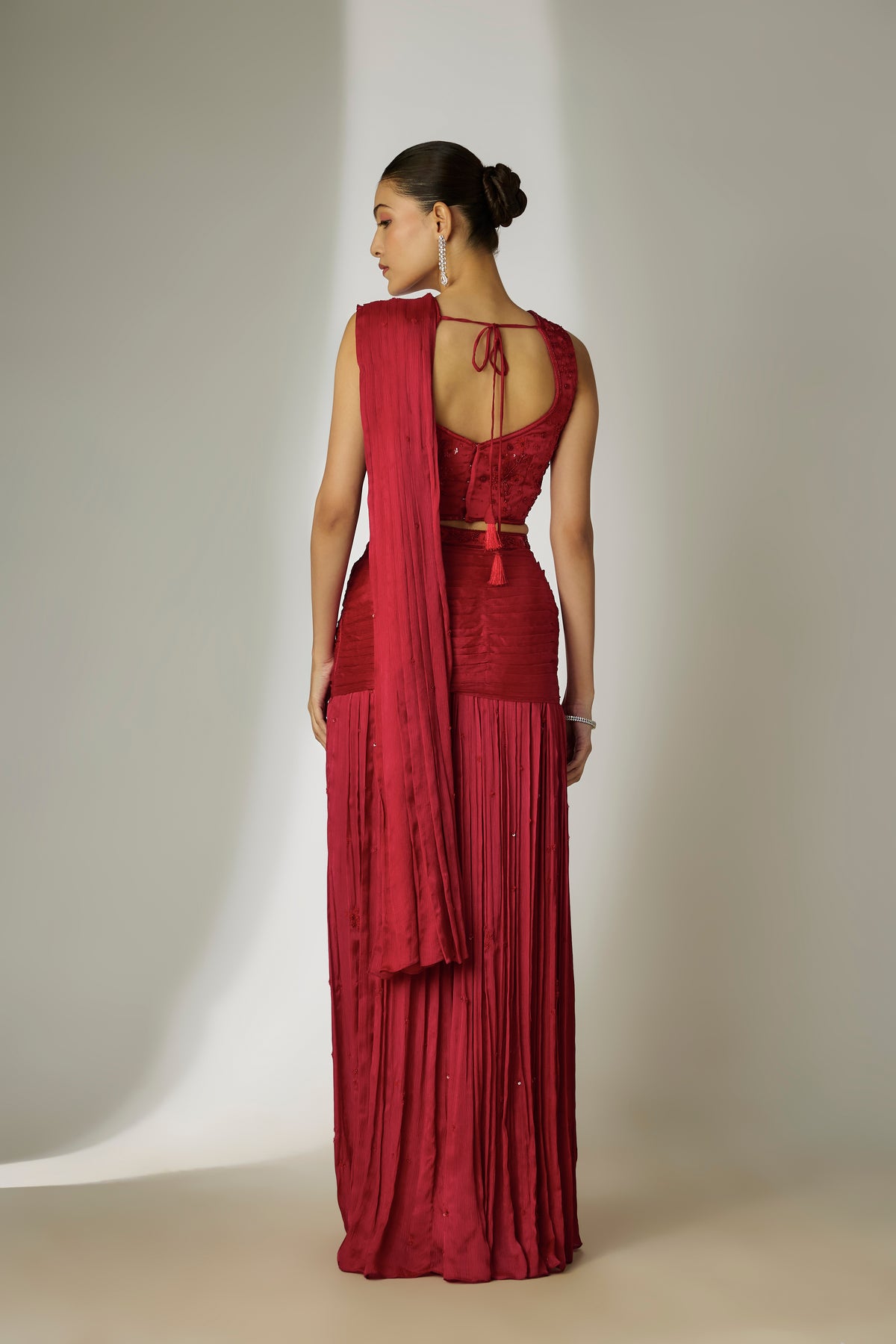 Red Pre-Draped Saree Set