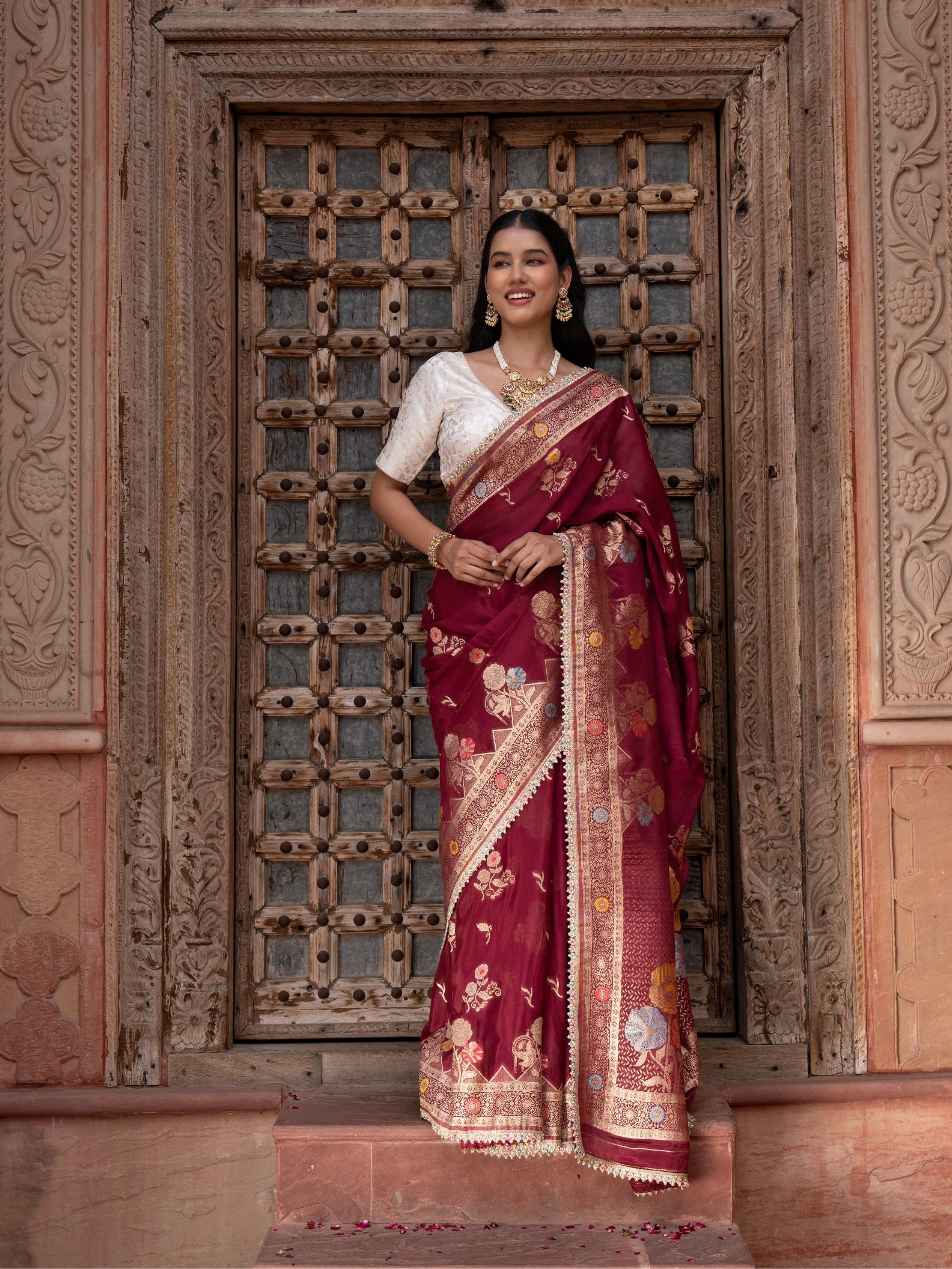 Maroon Pure Chiffon Banarasi Silk Handloom Saree