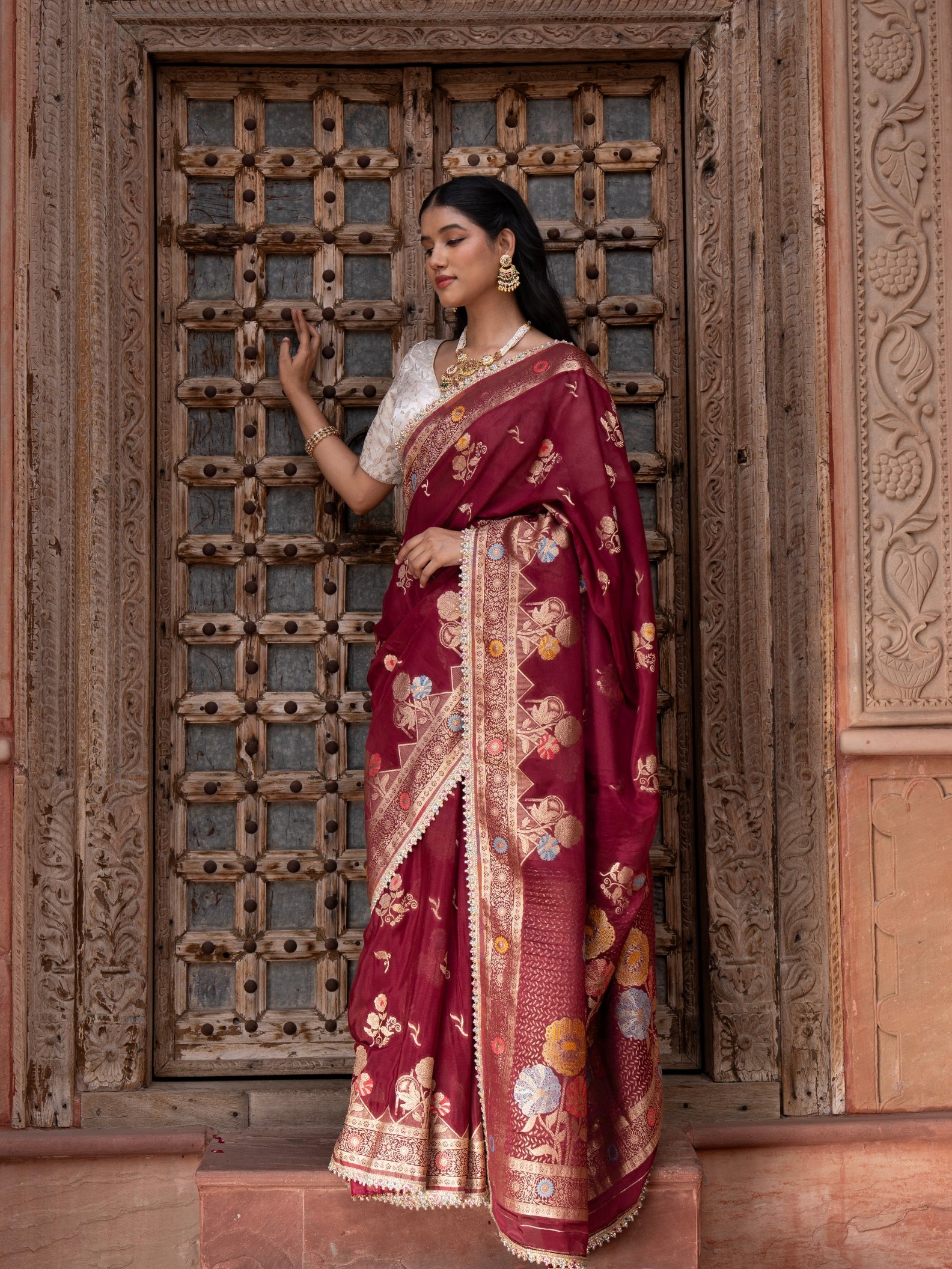 Maroon Pure Chiffon Banarasi Silk Handloom Saree