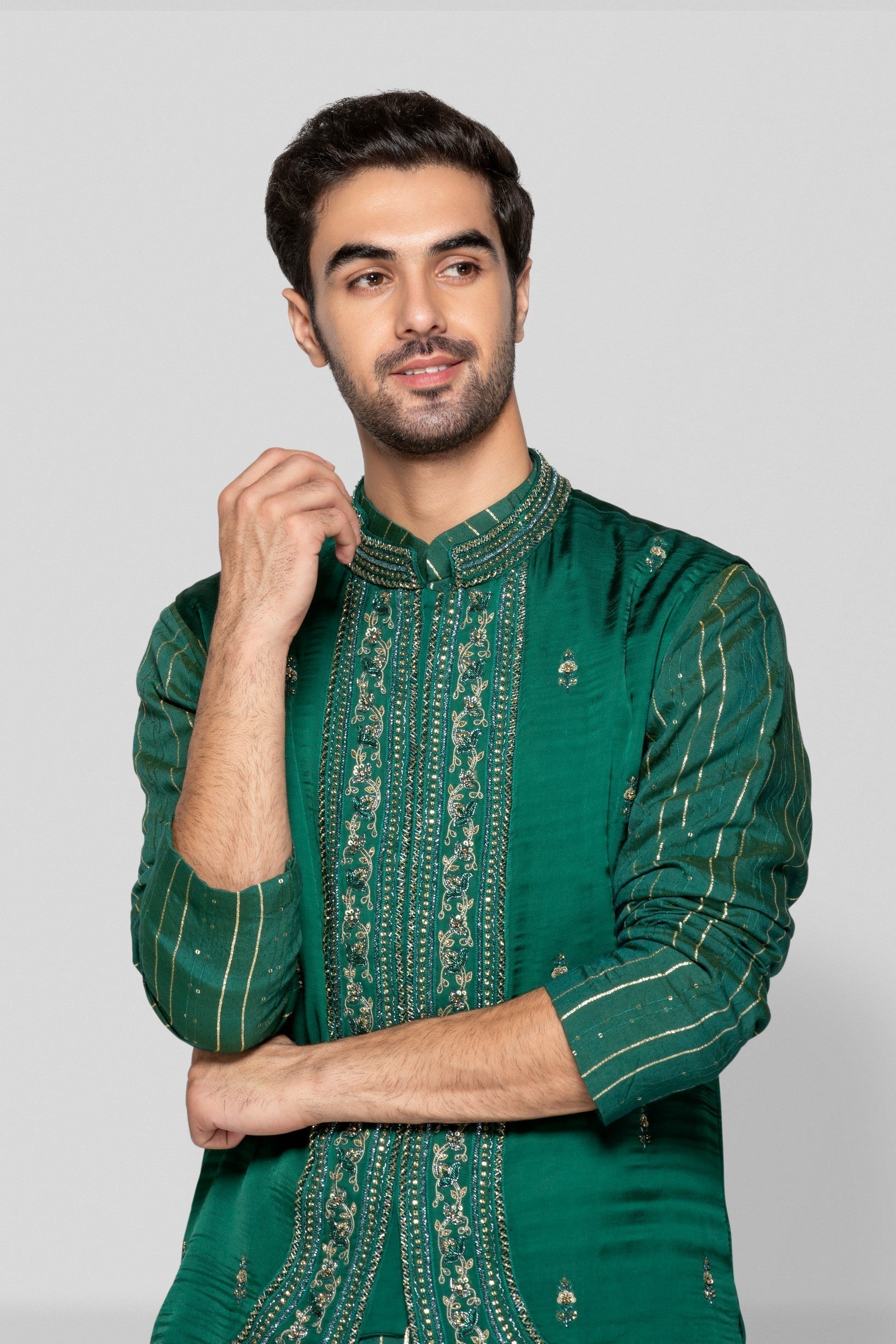 Embroidered Green Bundi Set