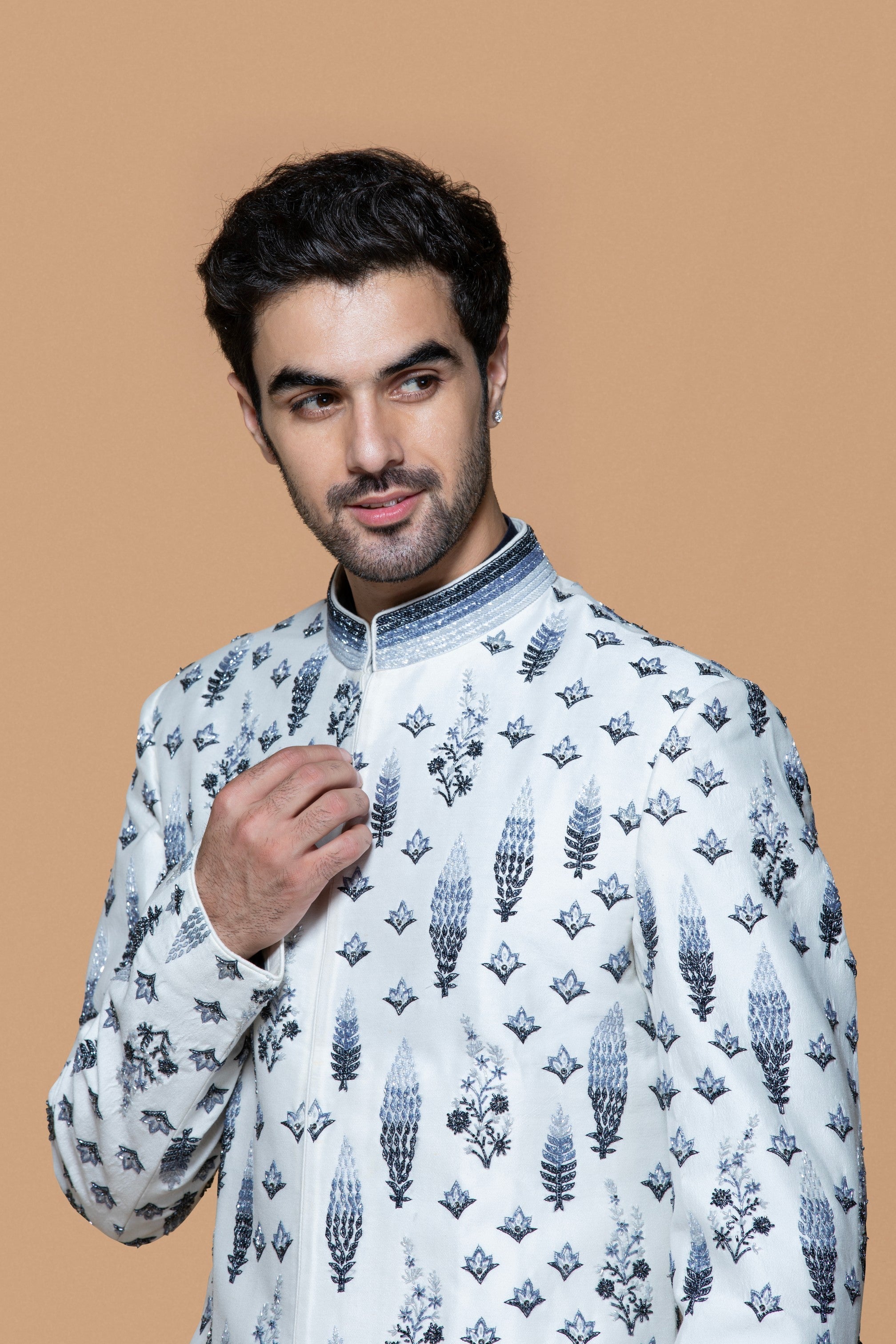 Embroidered Gradation Ivory-Blue Sherwani Set