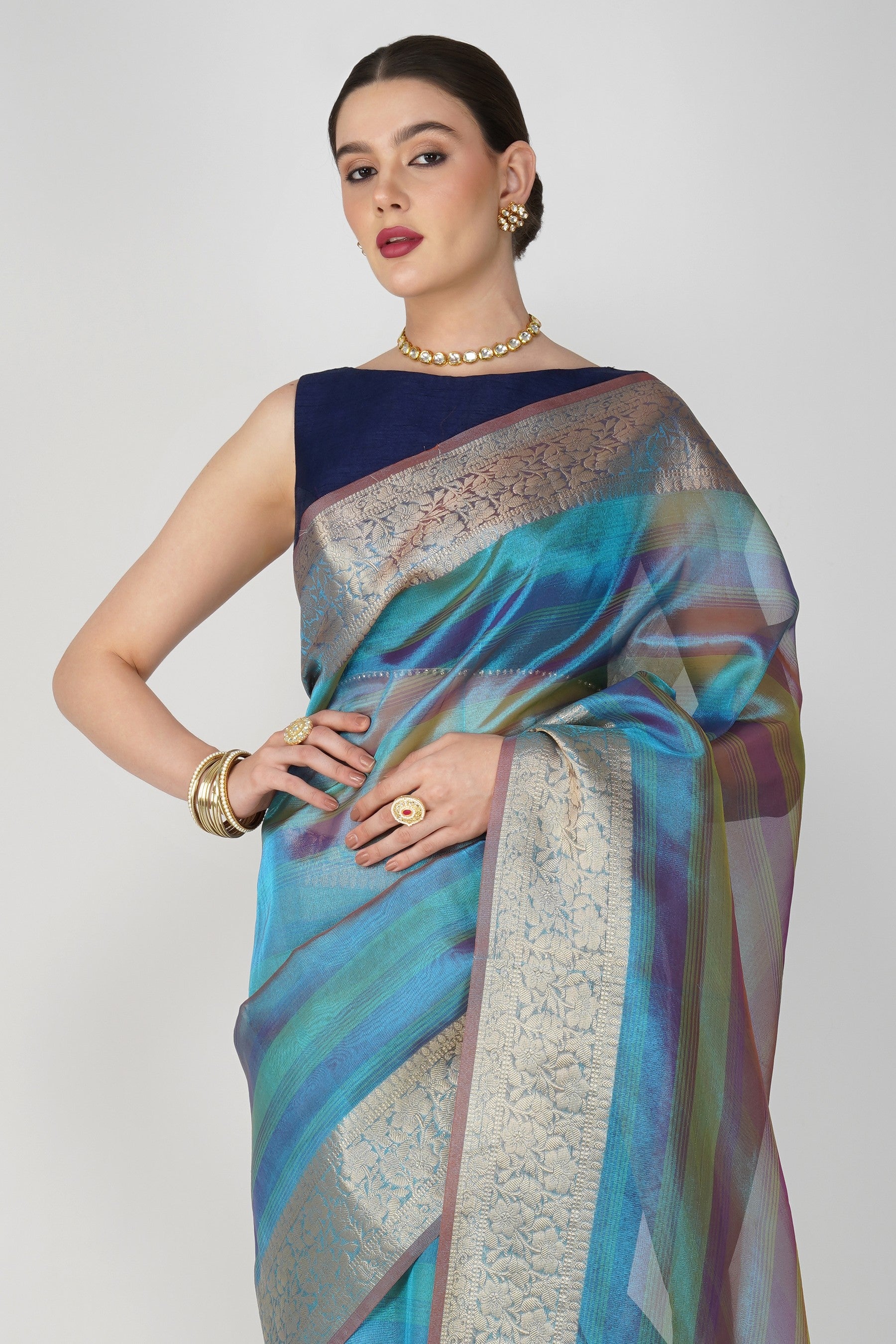 Blue Shaded Tissue Silk Banarasi Handloom Saree