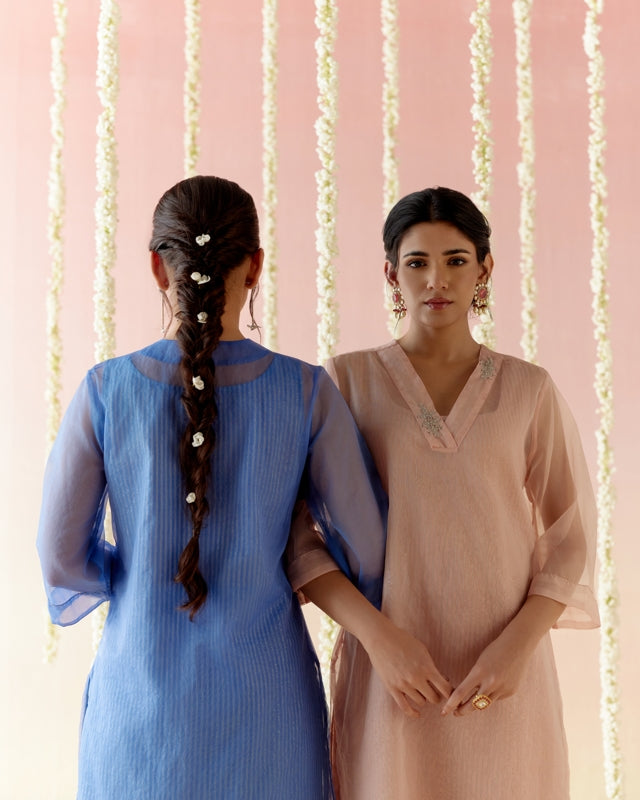 Sapphire Blue Kurta with Tissue Slip & Flared Pants - Set of 3