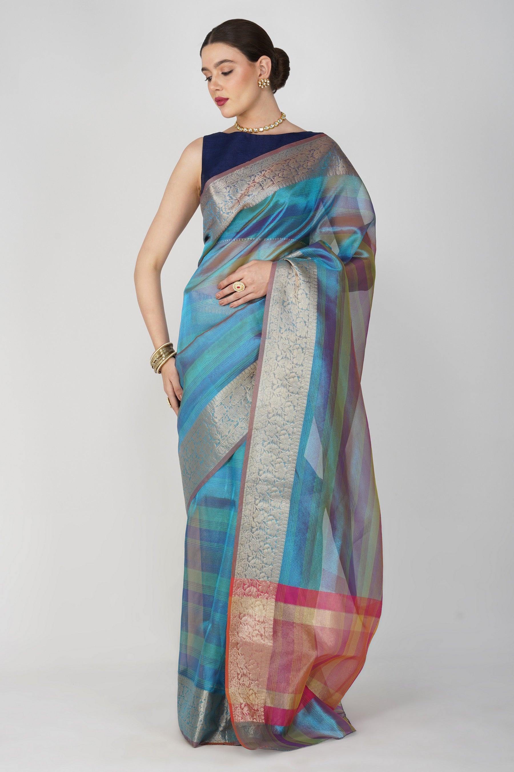 Blue Shaded Tissue Silk Banarasi Handloom Saree