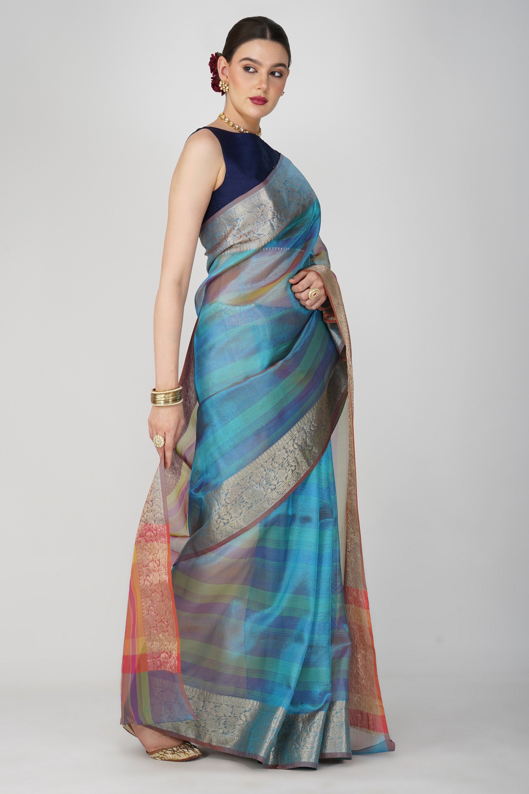 Blue Shaded Tissue Silk Banarasi Handloom Saree