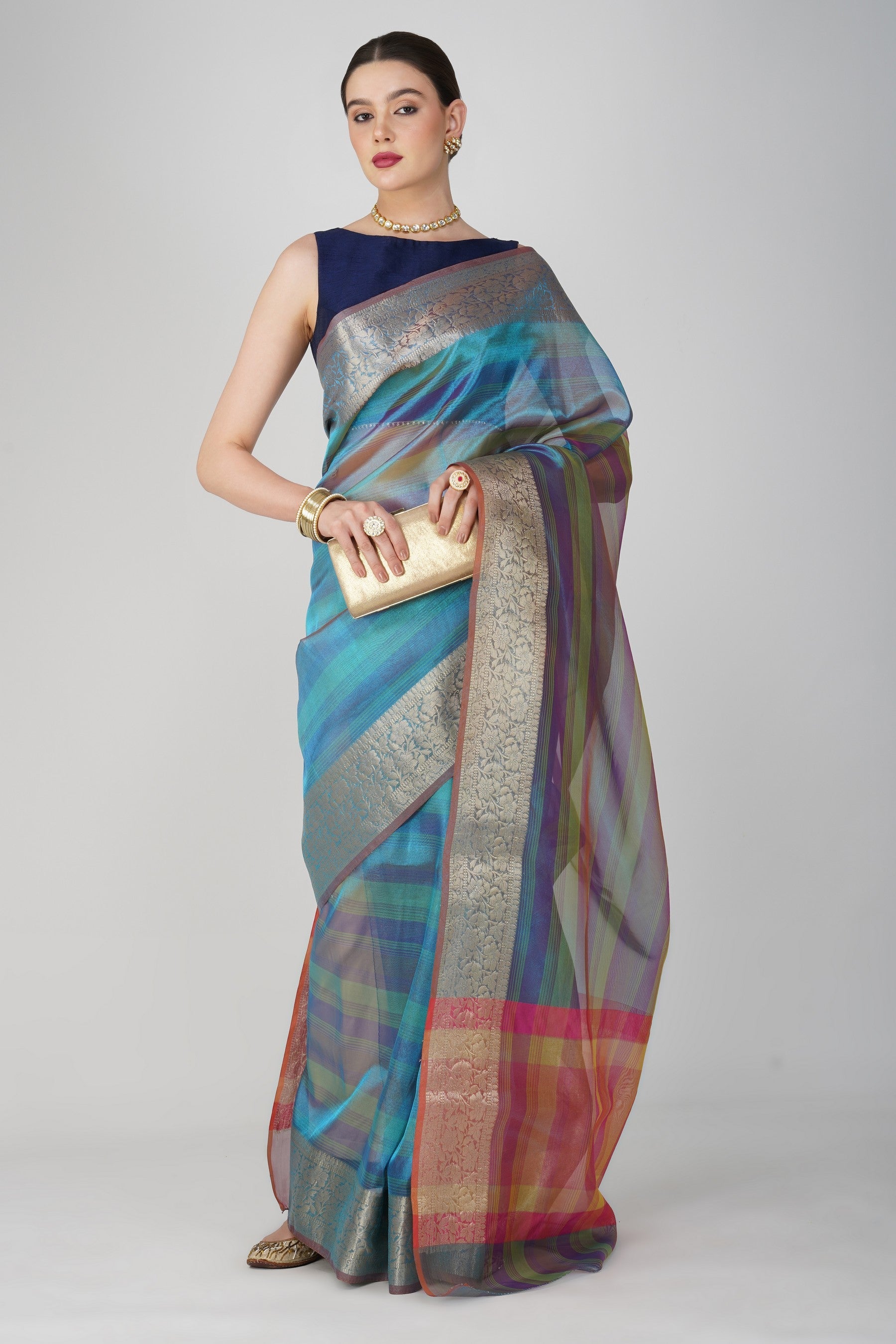 Blue Shaded Tissue Silk Banarasi Handloom Saree