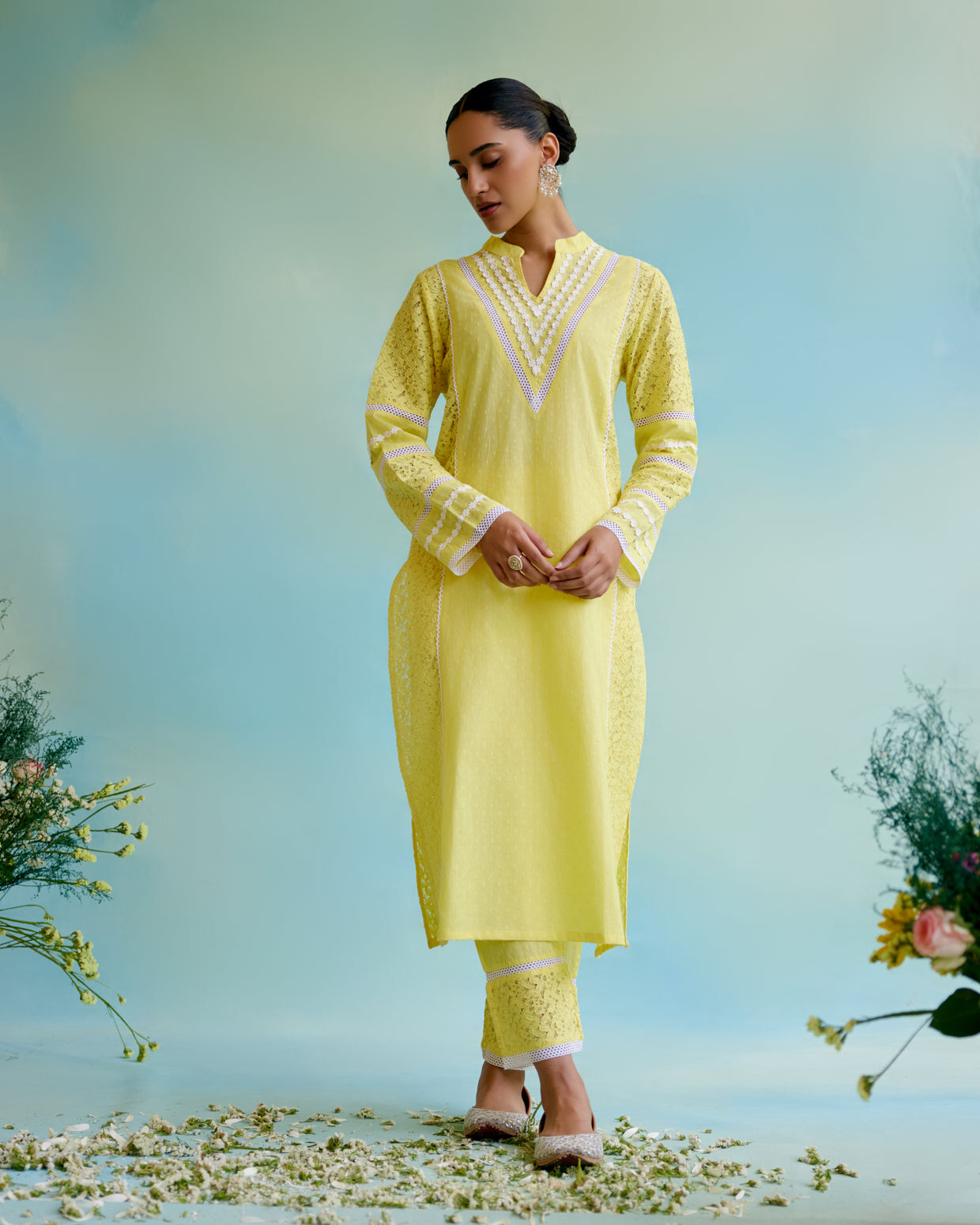 Daylily Kurta in Cotton Dobby and Schiffli fabric with Delicate Lace Detaling