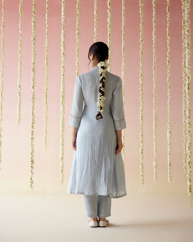 Glory Blue Tissue Angarakha with
Narrow Pants & Dupatta - Set of 3