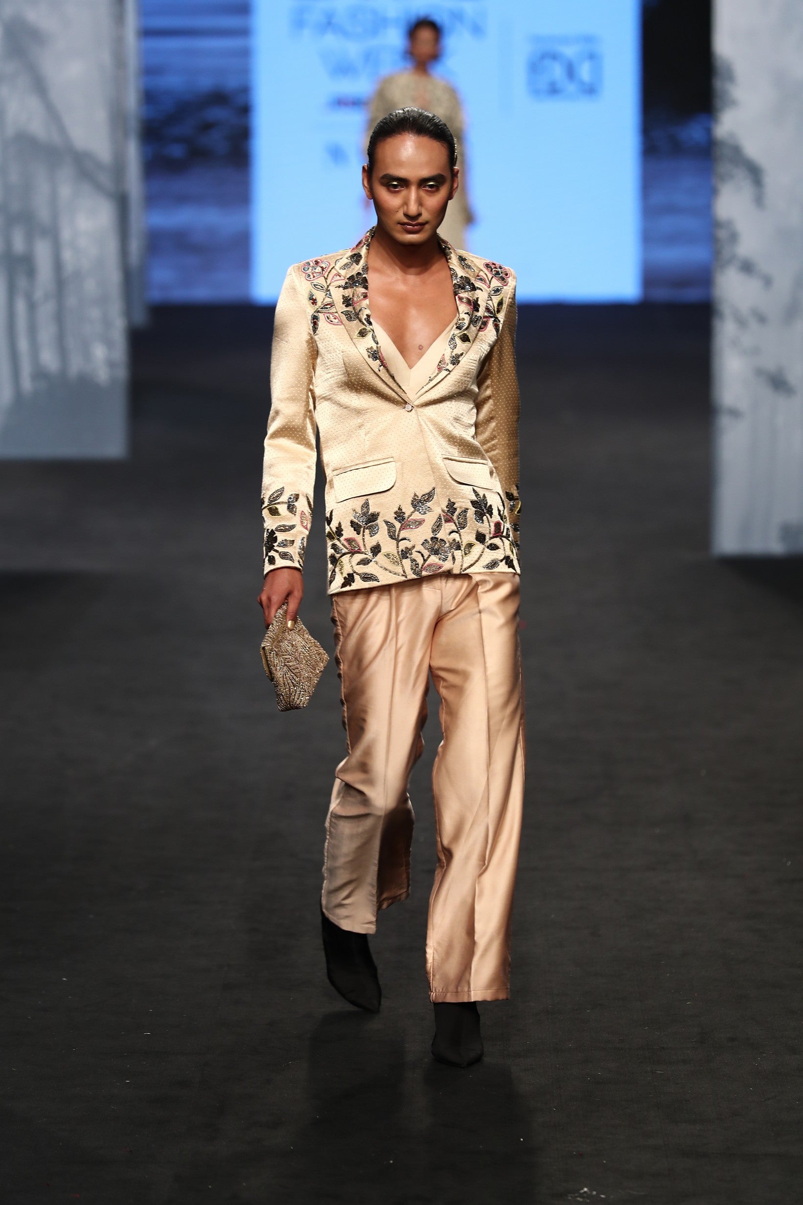 Beige embellished jacket with pants