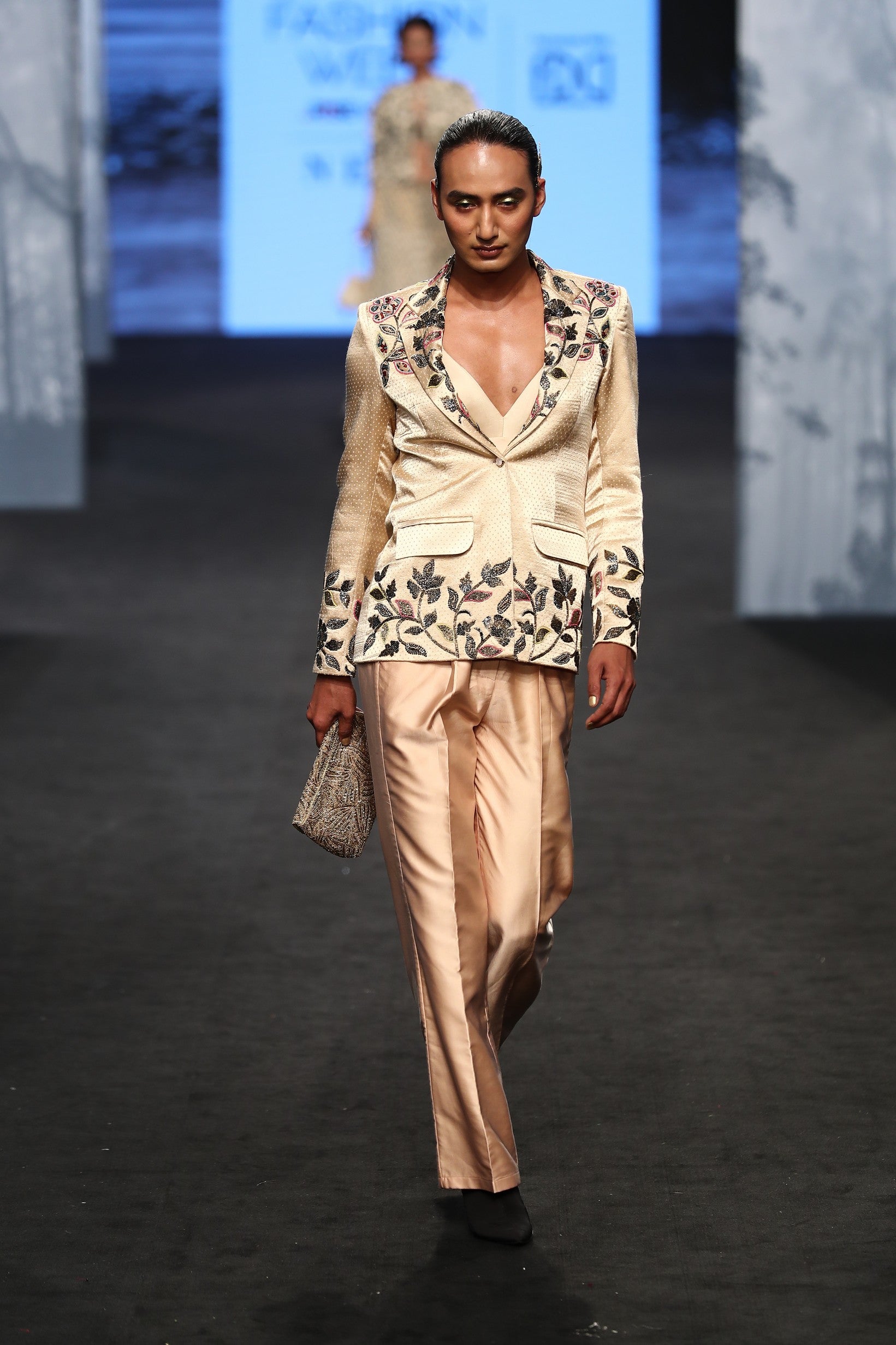 Beige embellished jacket with pants