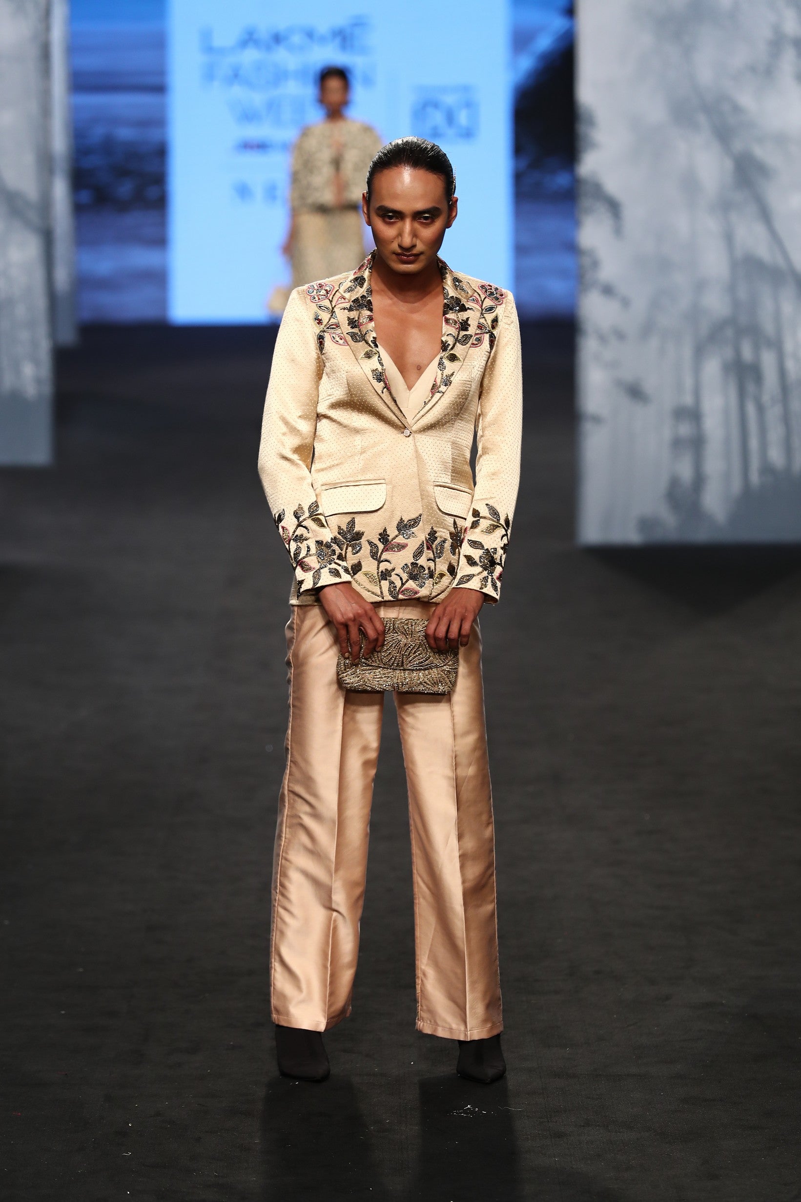 Beige embellished jacket with pants
