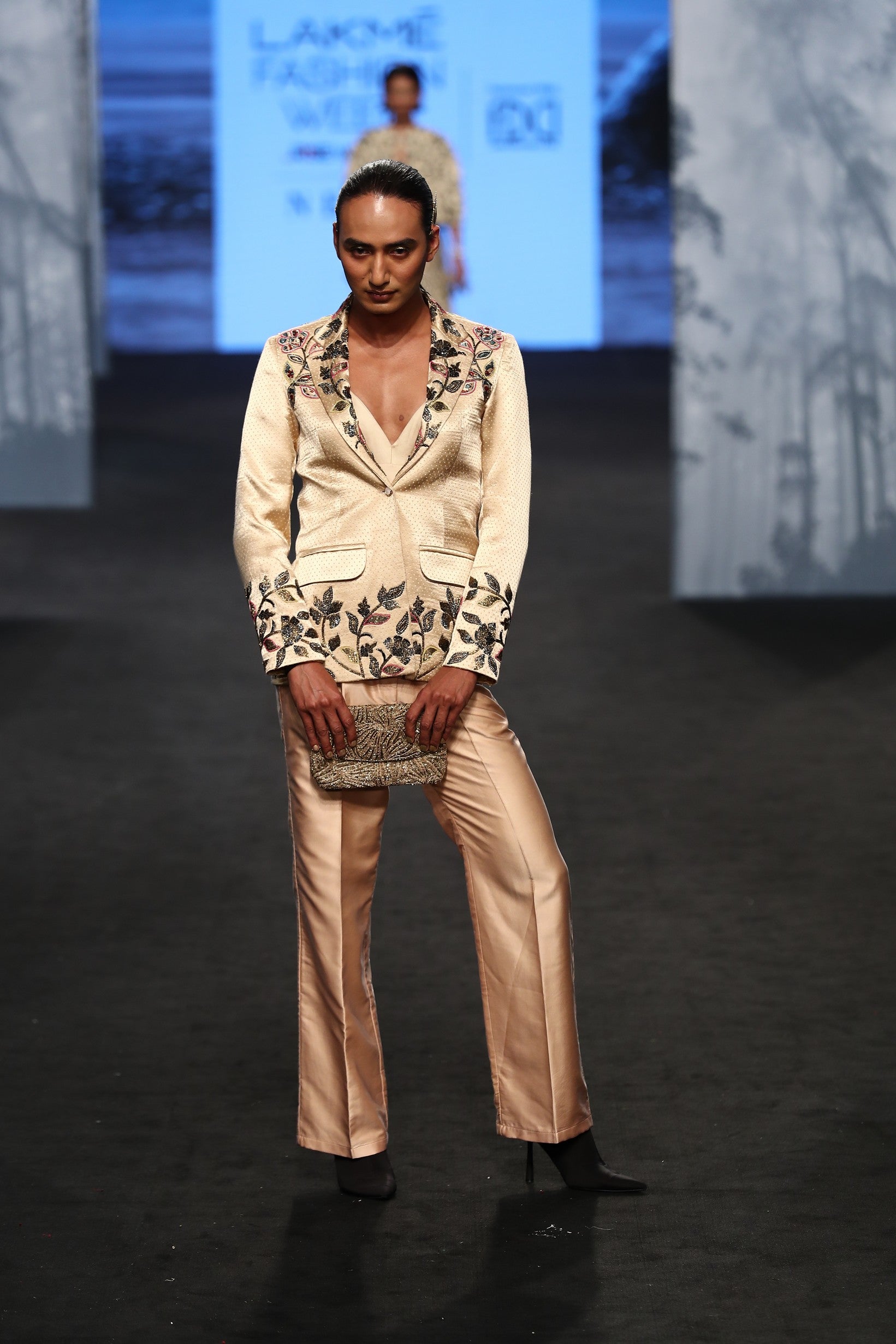 Beige embellished jacket with pants