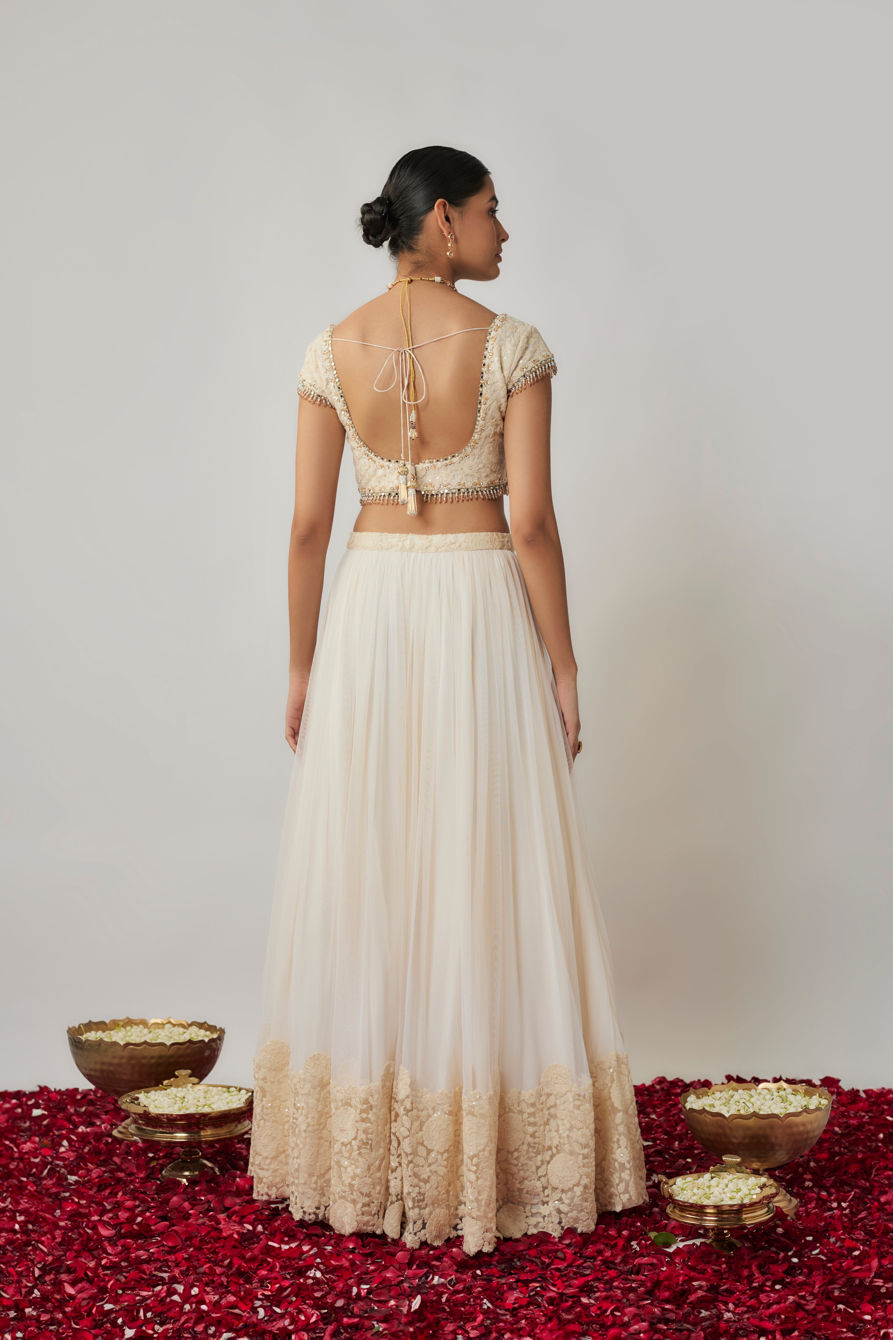 Ivory sequin and thread embroidered floral lehenga set