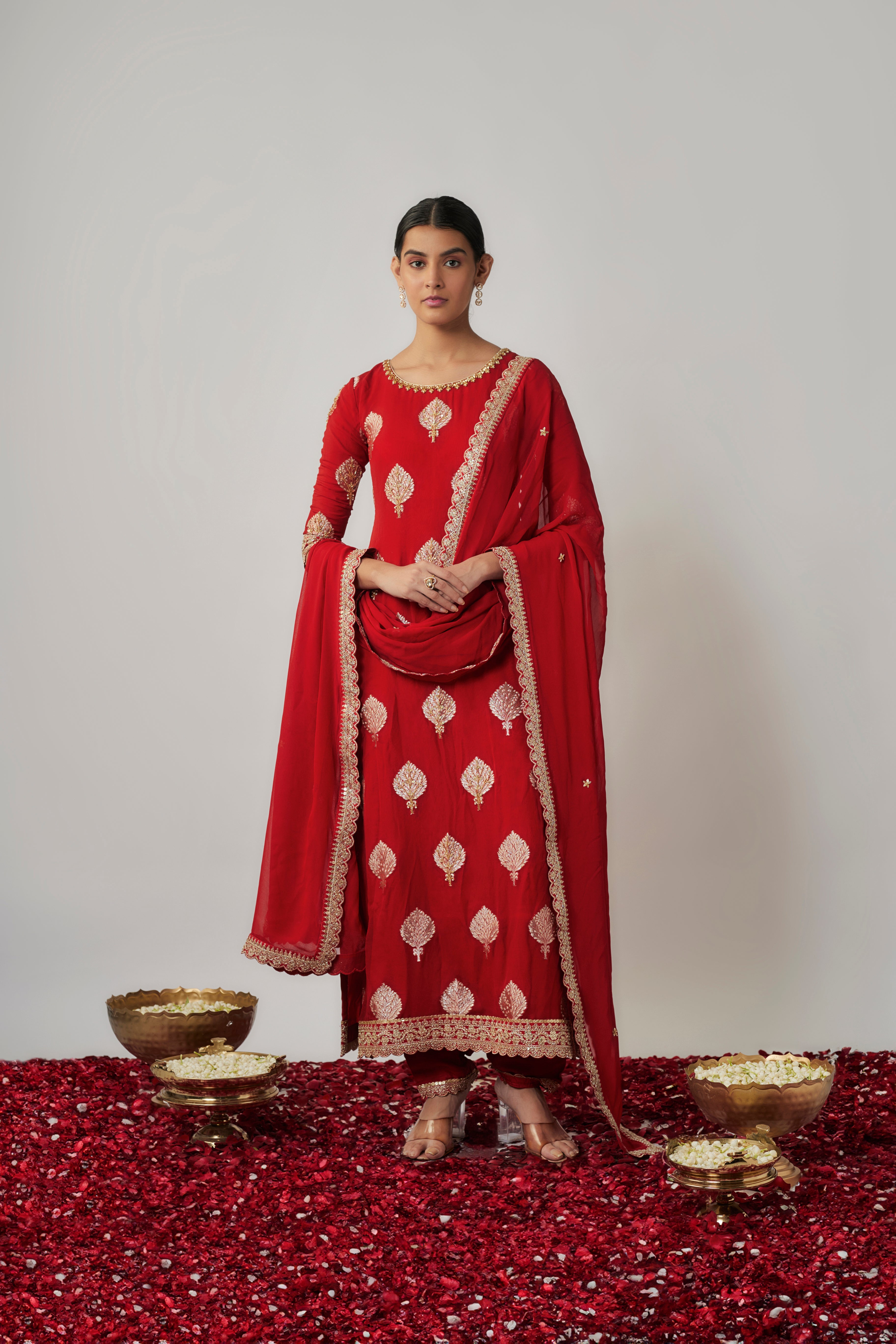 Sindhoori red georgette Benarasi kurta pants set
