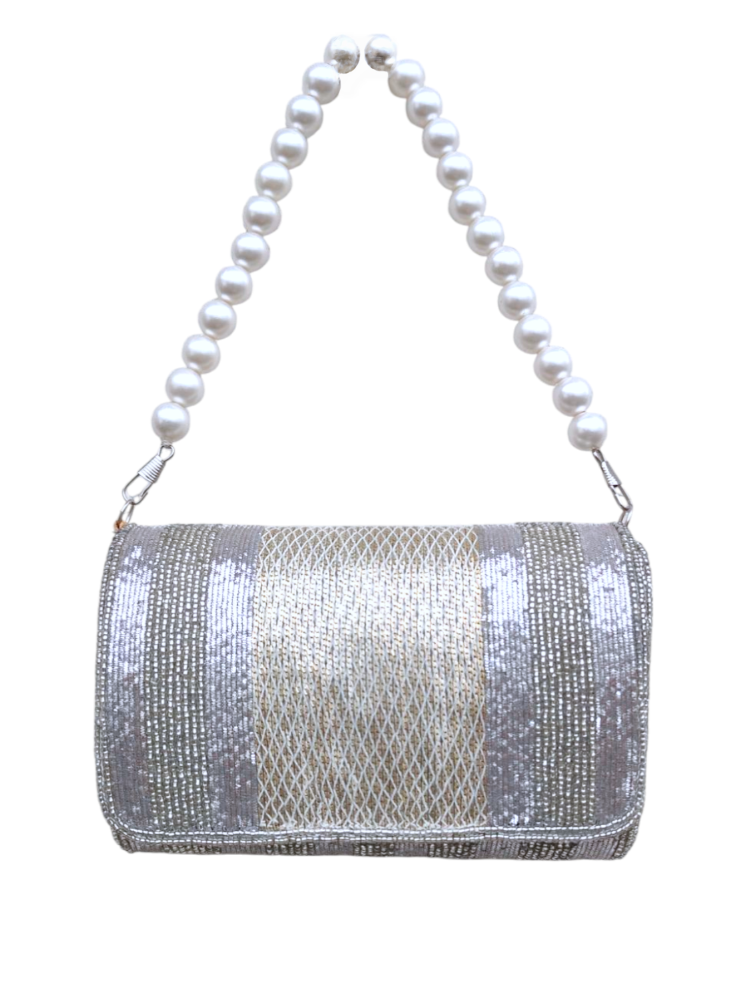 Silver Brass Beaded Flapover Clutch