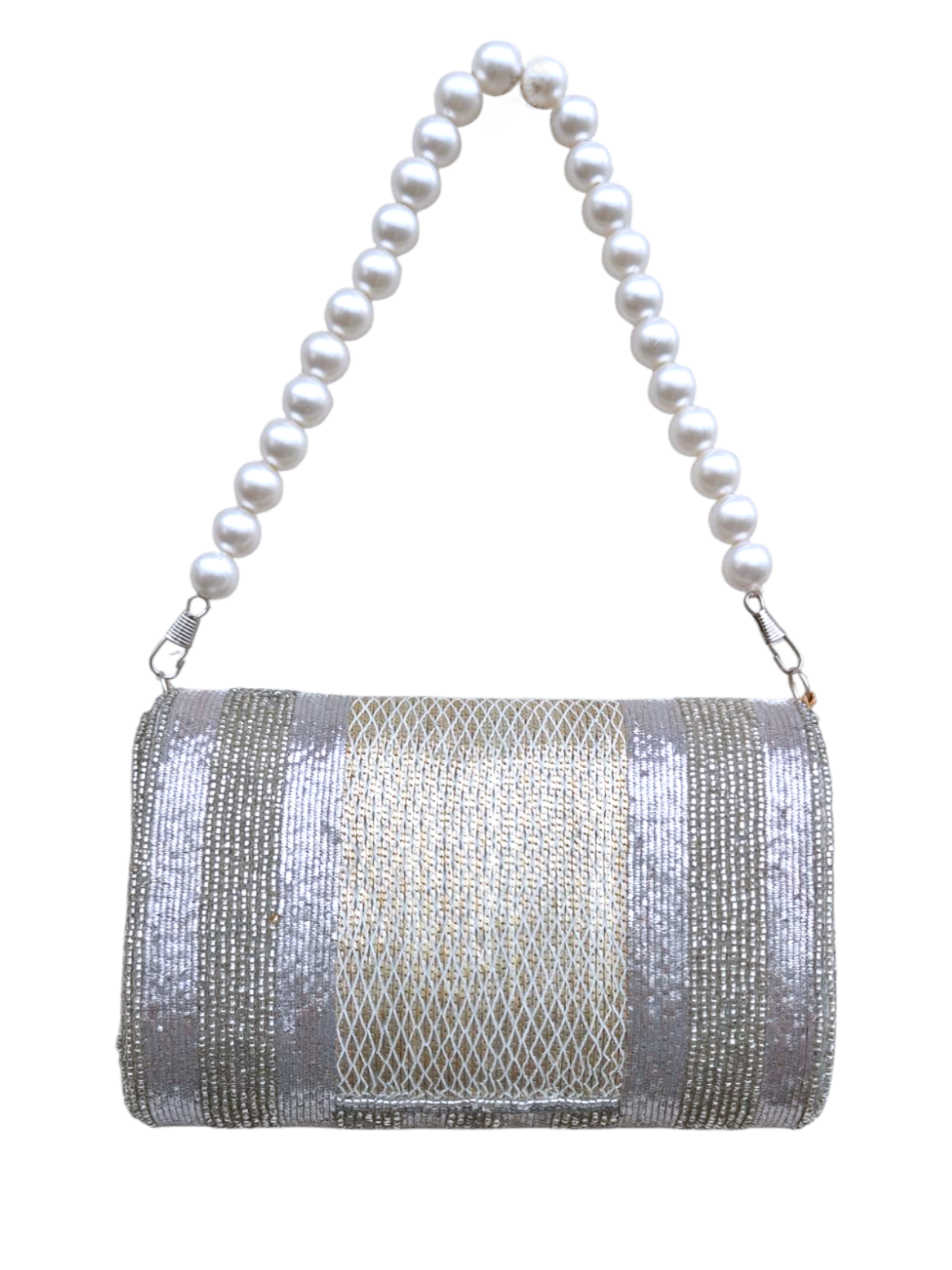 Silver Brass Beaded Flapover Clutch