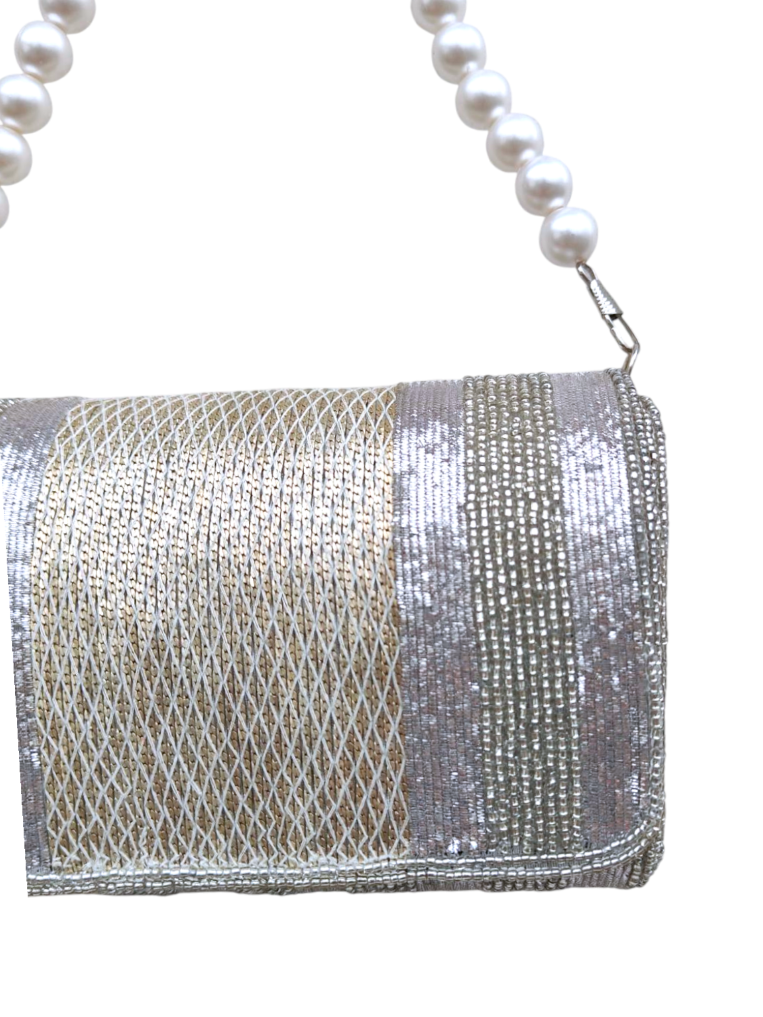 Silver Brass Beaded Flapover Clutch