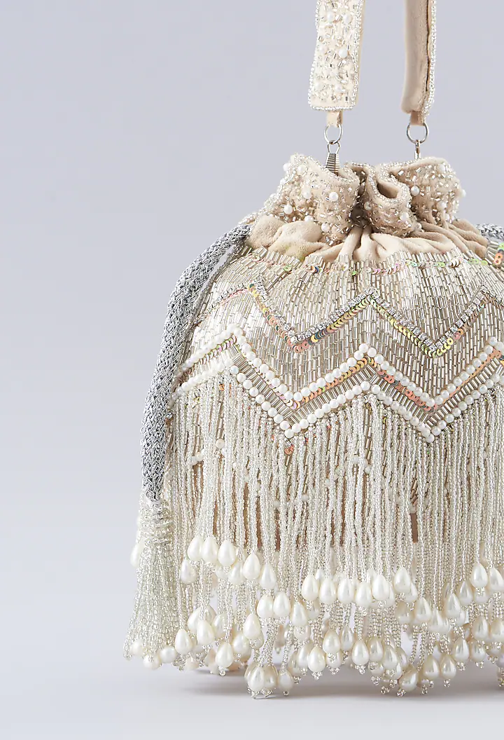 Beige Pearl Handembroidered Potli