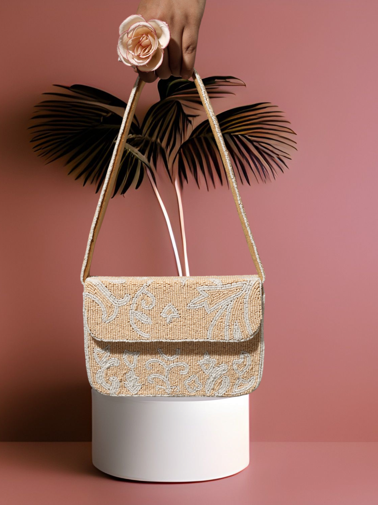 Beige Blossom Beaded Handembroidered Purse