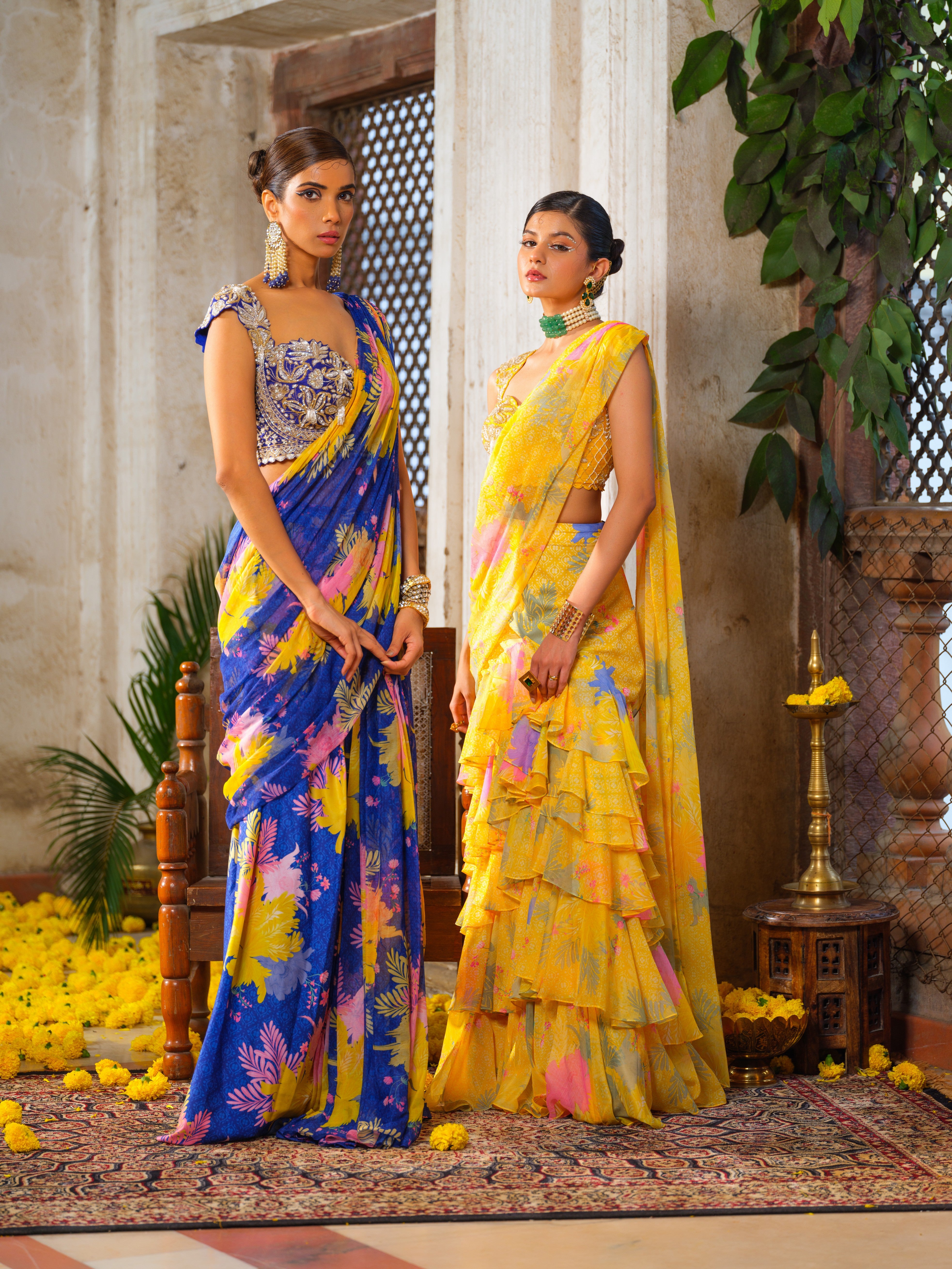 Genda ruffled saree set