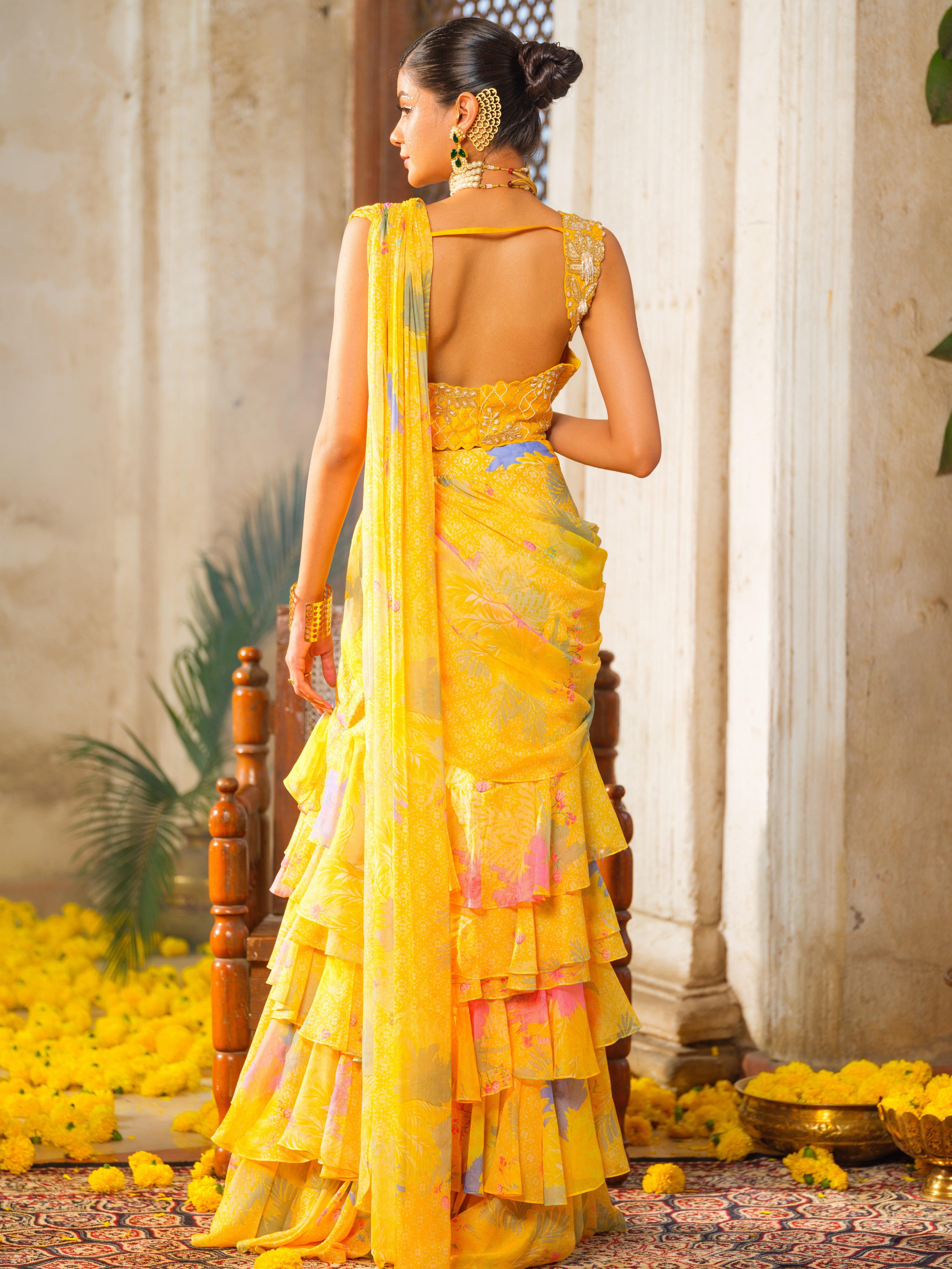 Genda ruffled saree set