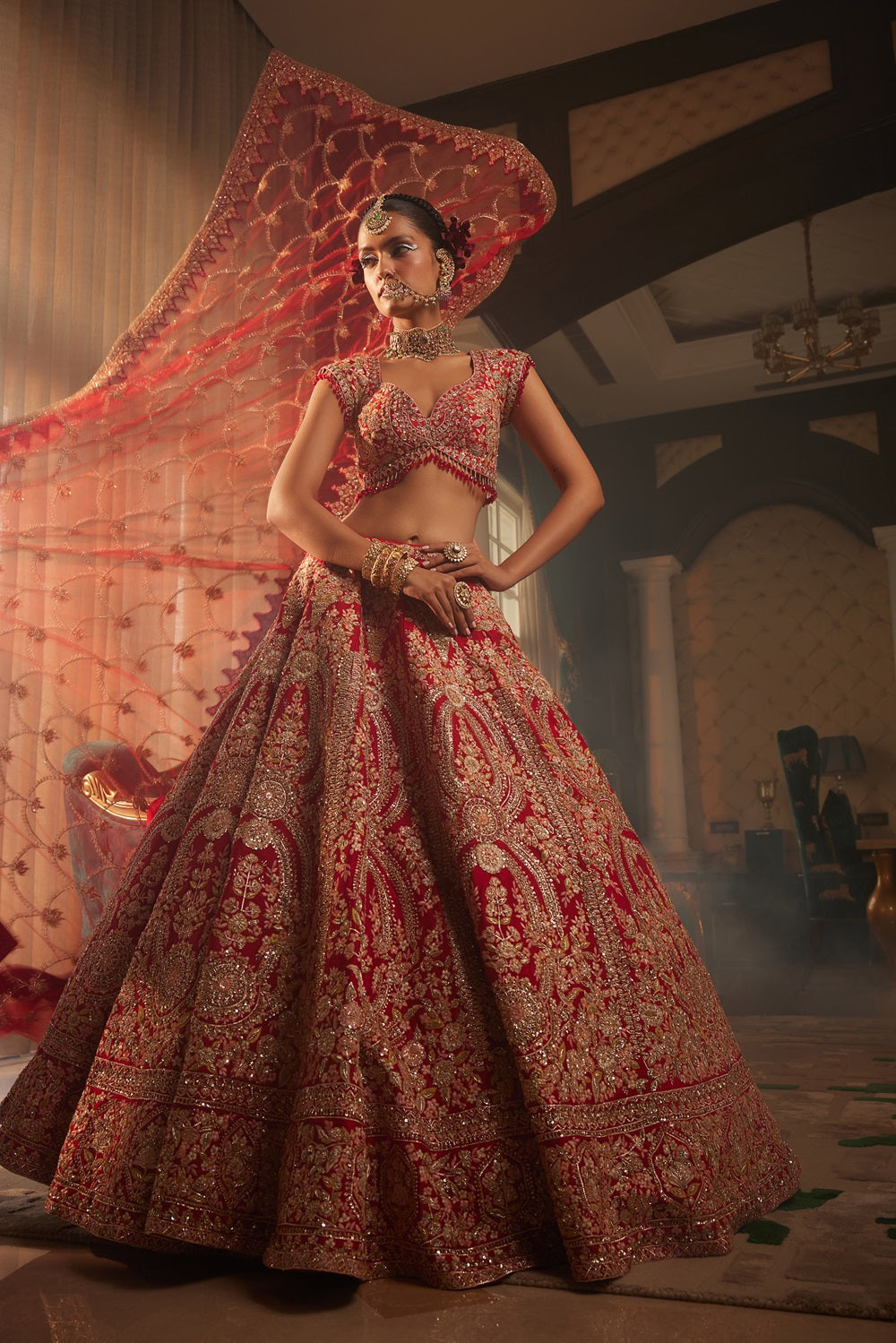 Red heavily embroidered lehenga