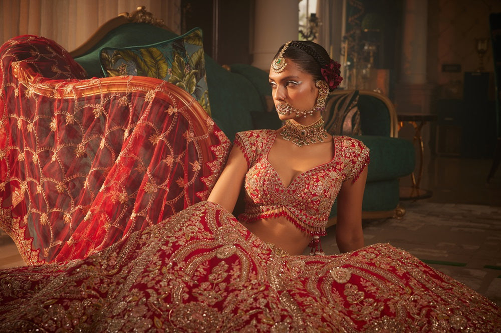 Red heavily embroidered lehenga