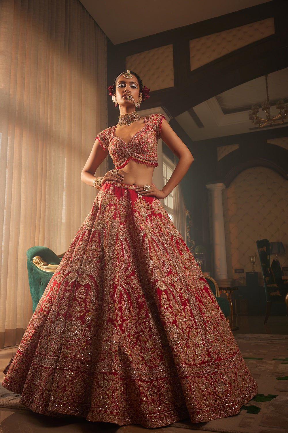 Red heavily embroidered lehenga