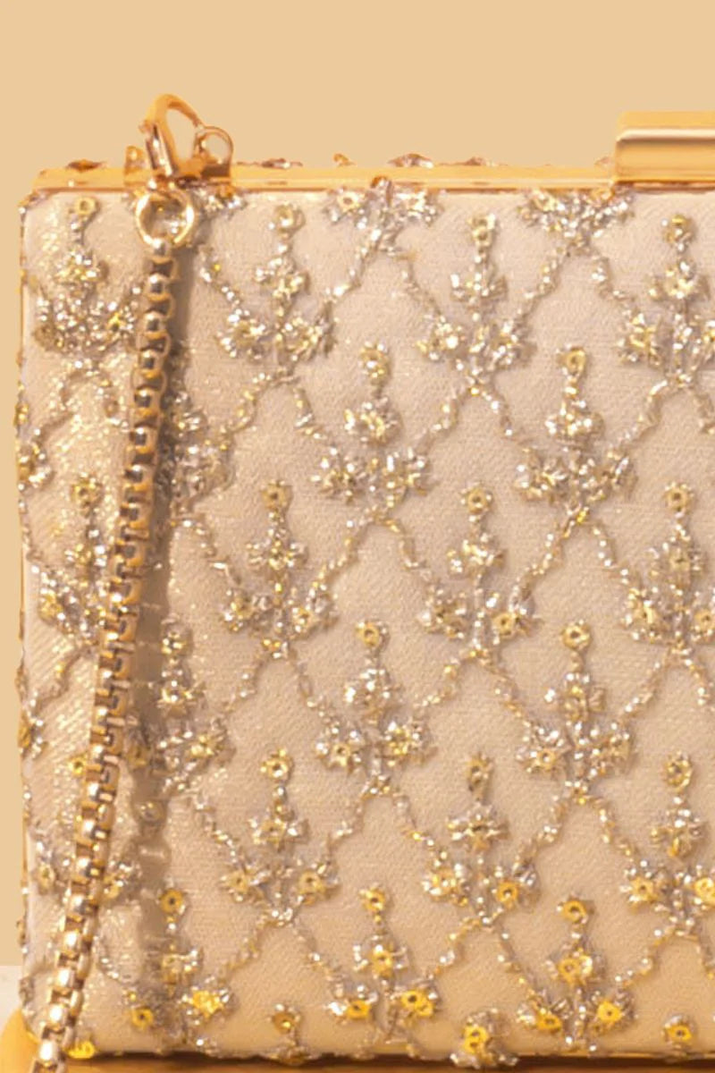 Anya Embroidered Box Clutch - Gold