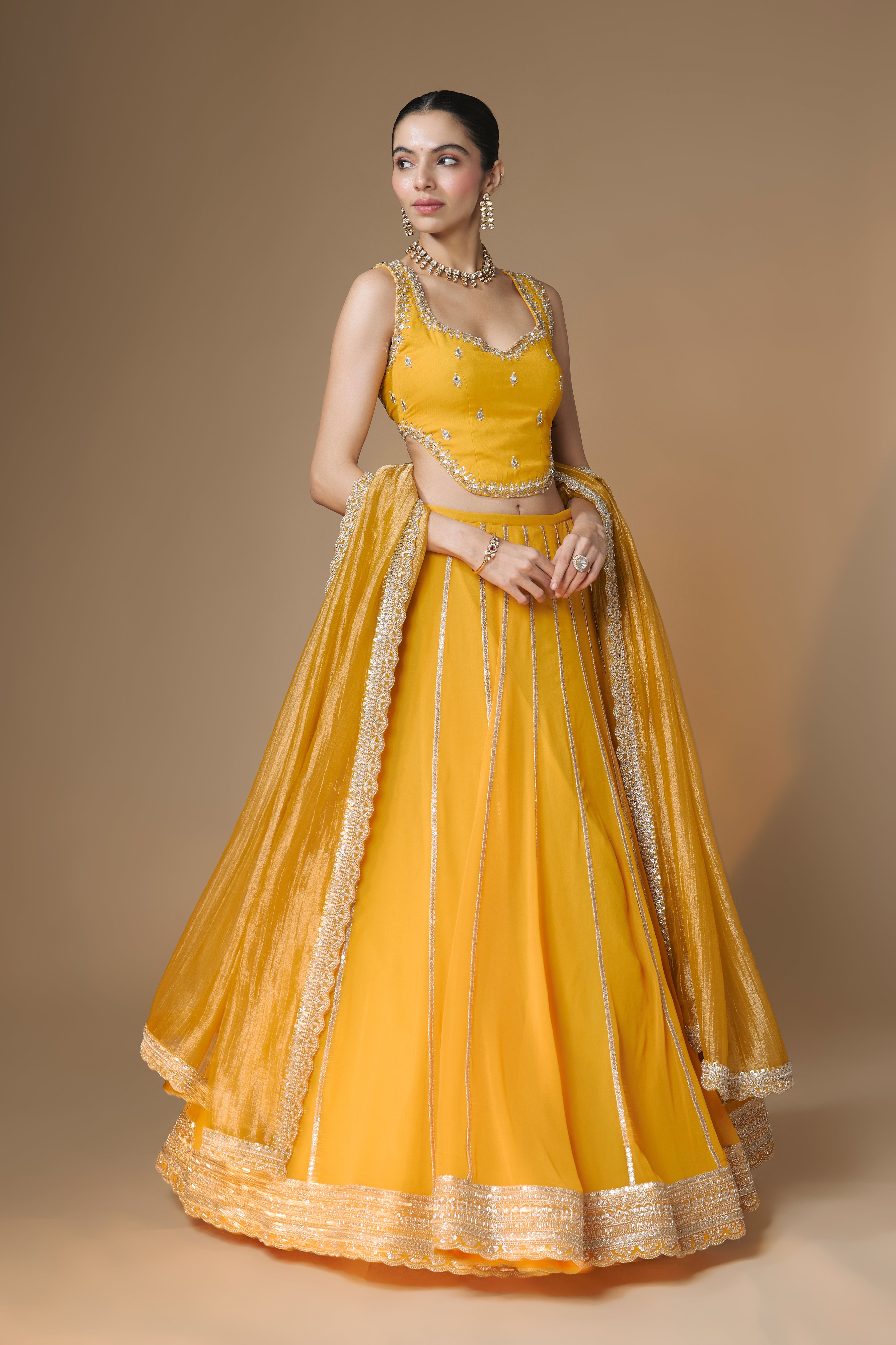 Sunset yellow embroidered corset lehenga set