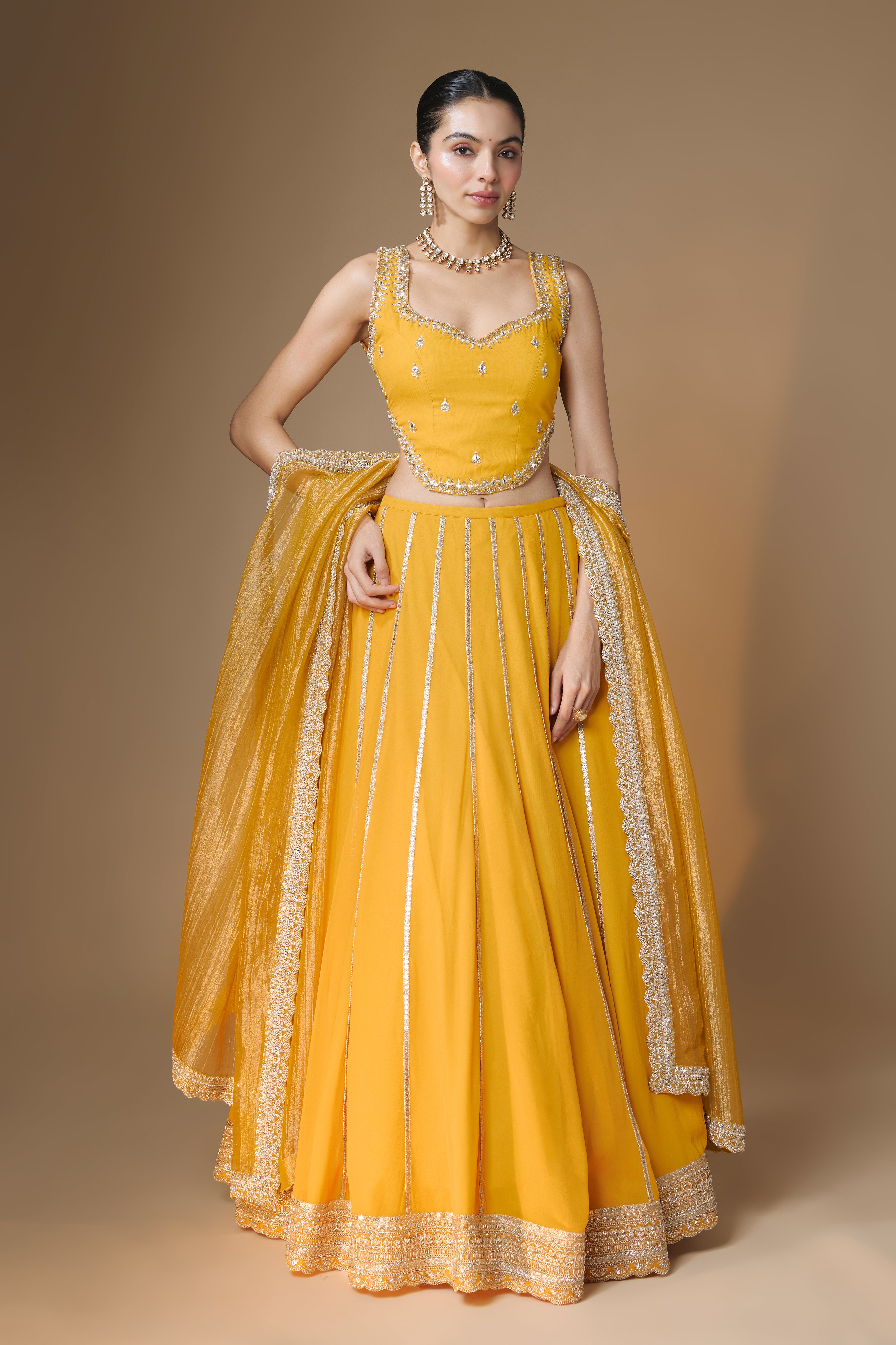 Sunset yellow embroidered corset lehenga set