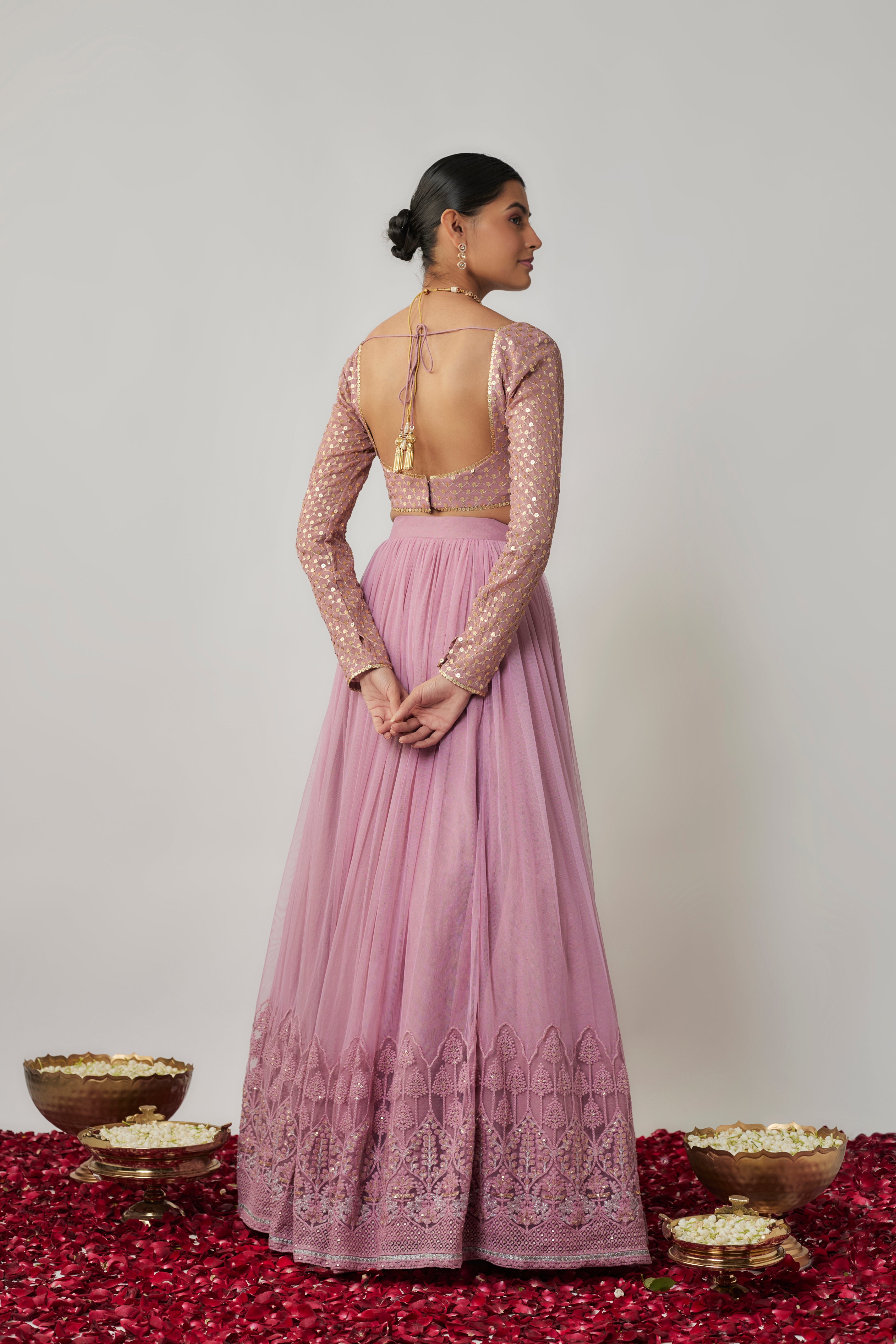 Mauve sequin & thread embroidered net lehenga set
