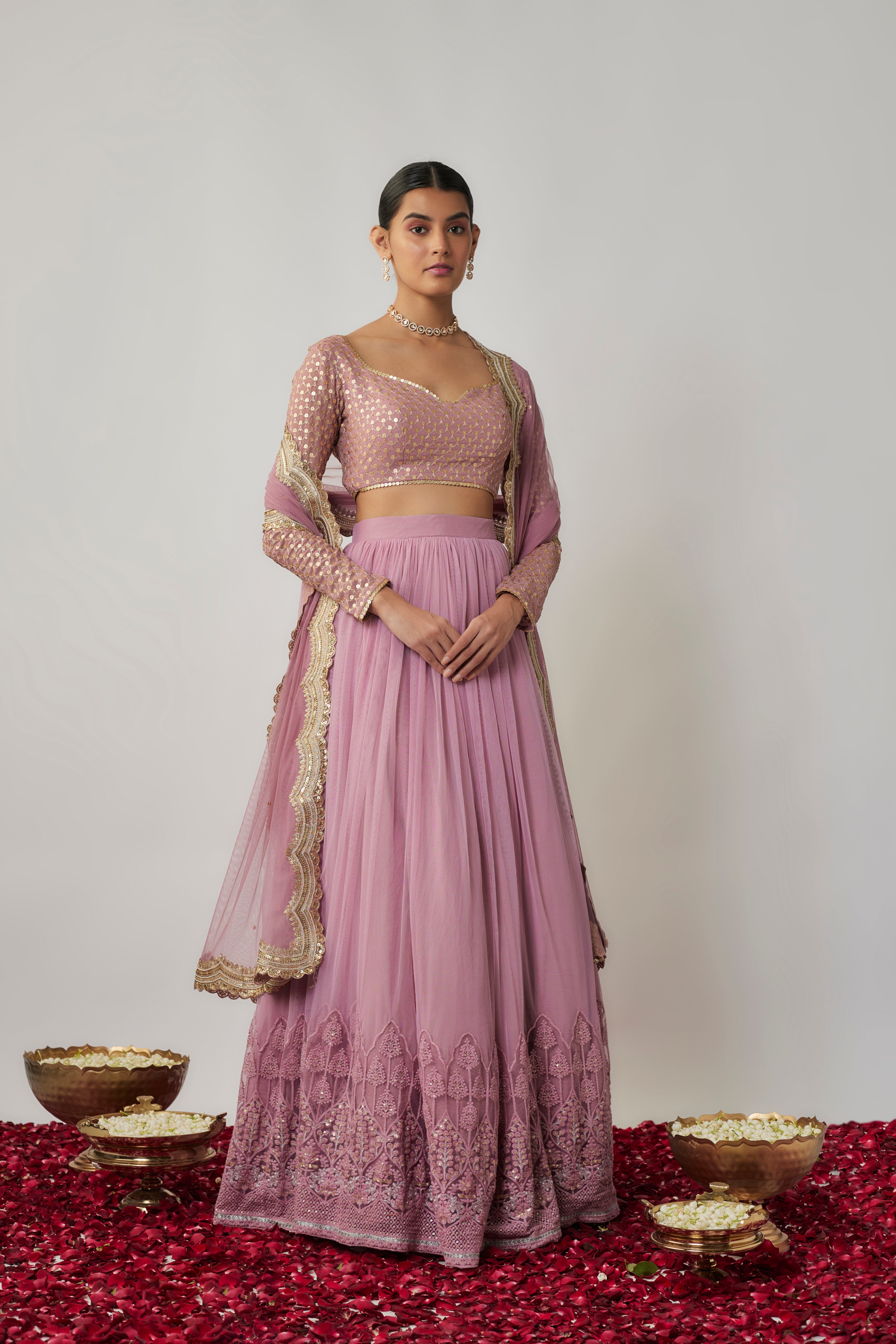Mauve sequin & thread embroidered net lehenga set