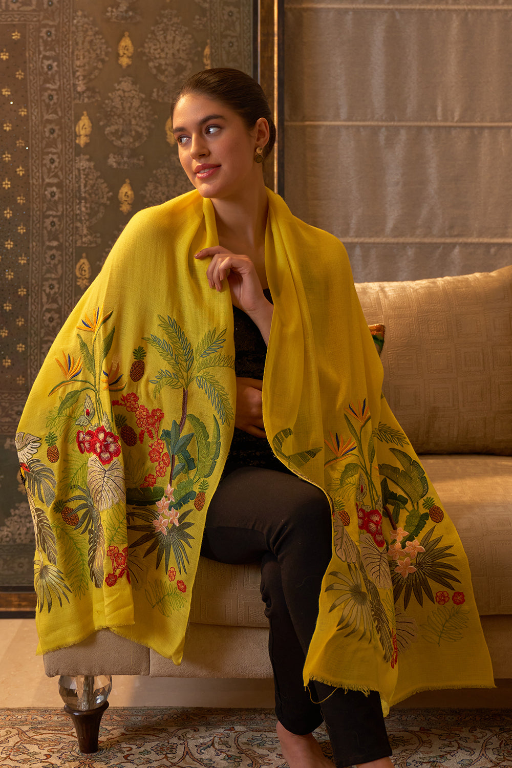 A Toucan's Day | Embroidered Fine Merino Wool Stole