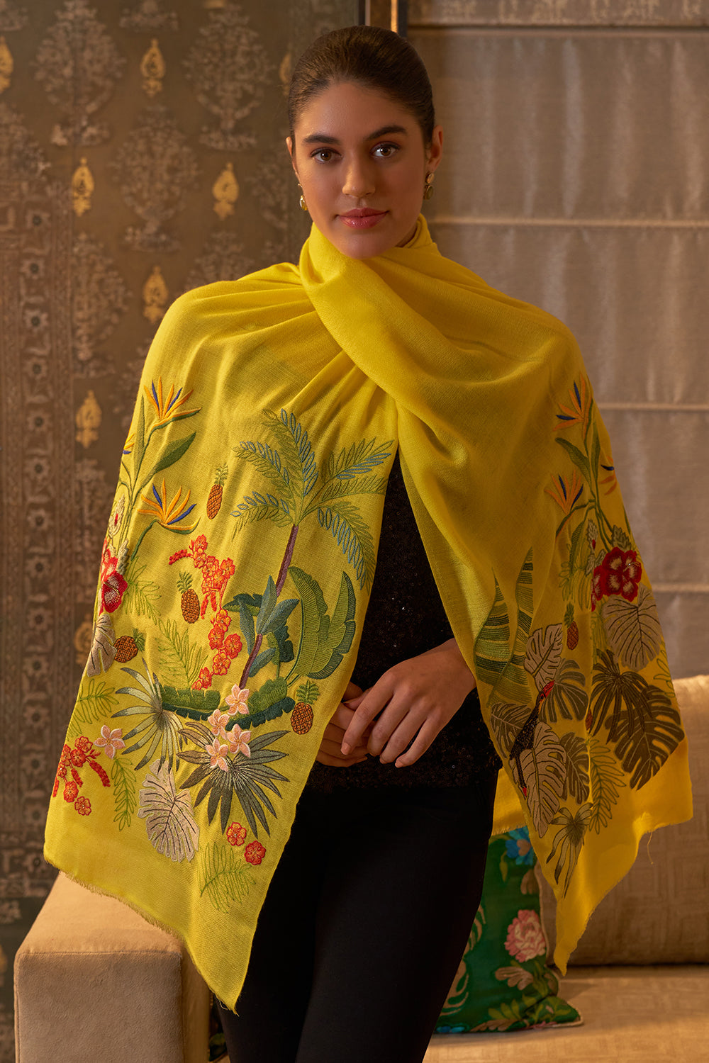 A Toucan's Day | Embroidered Fine Merino Wool Stole