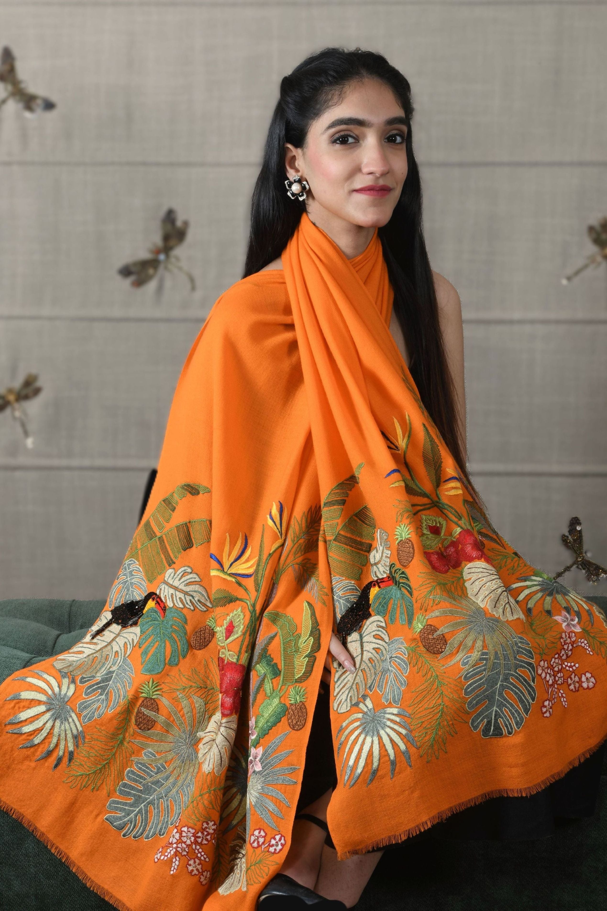 A Toucan's Day | Embroidered Fine Merino Wool Stole