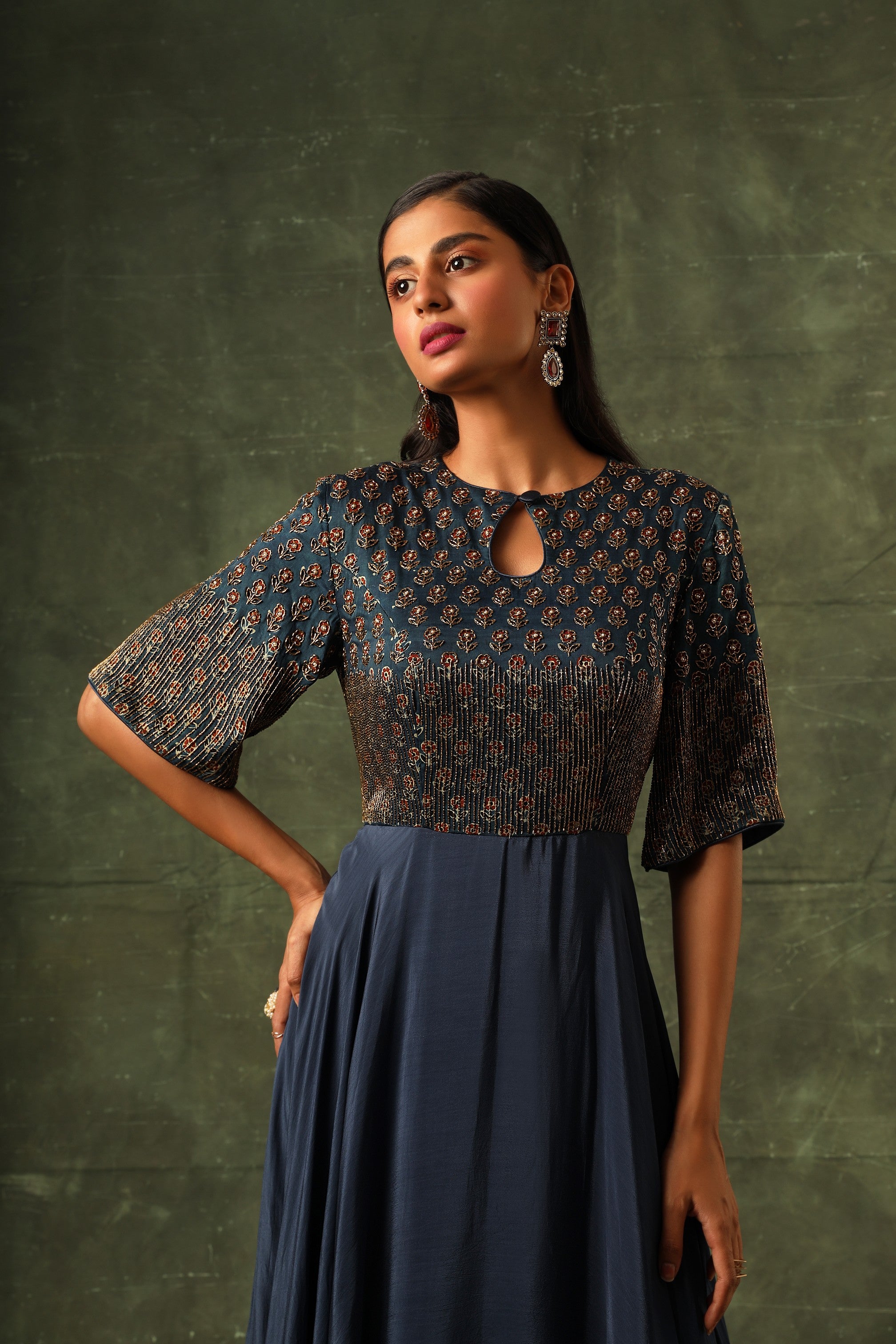 Blue ajrakh A-line Gown