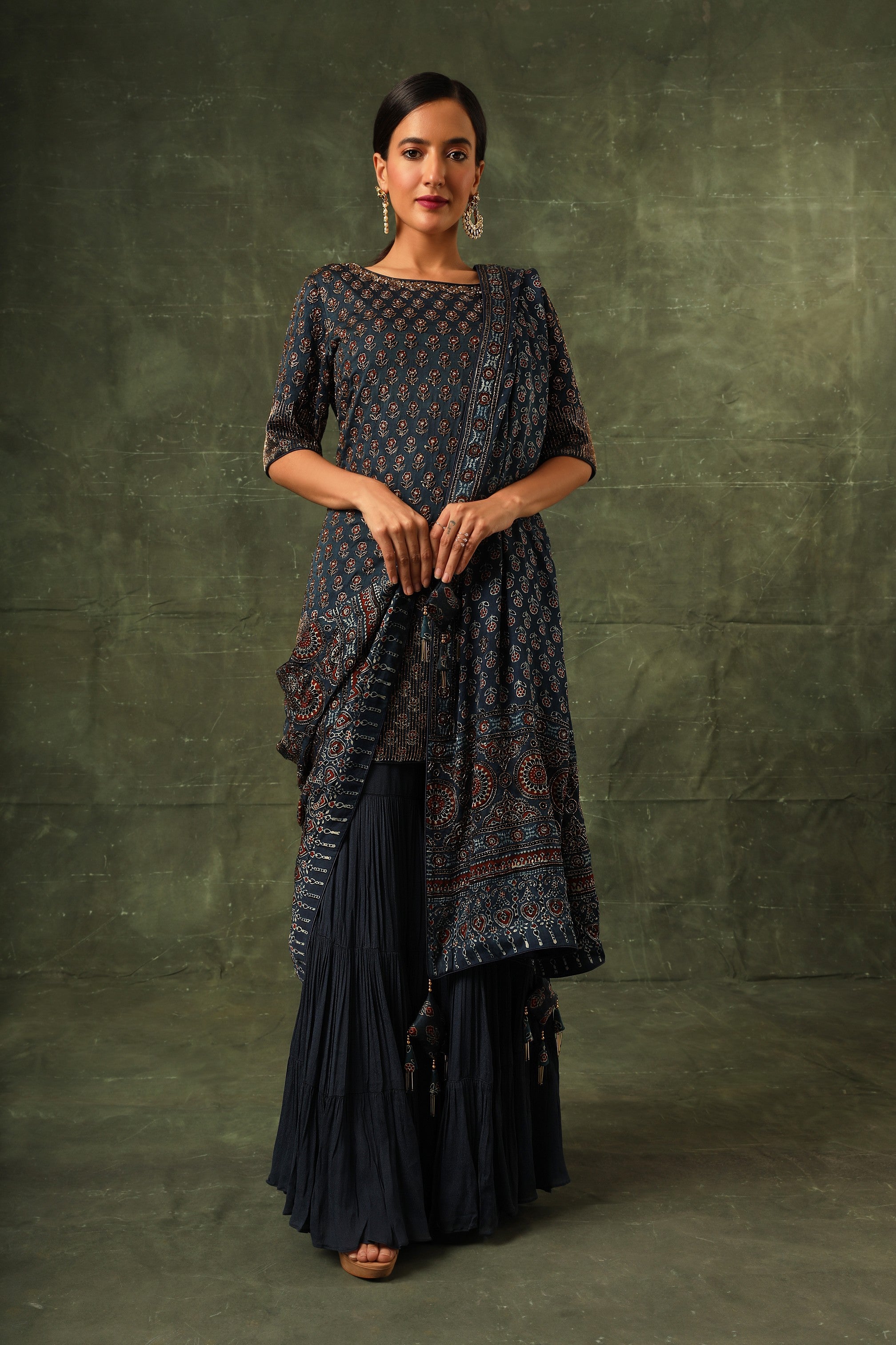 Blue ajrakh kurta and sharara with dupatta