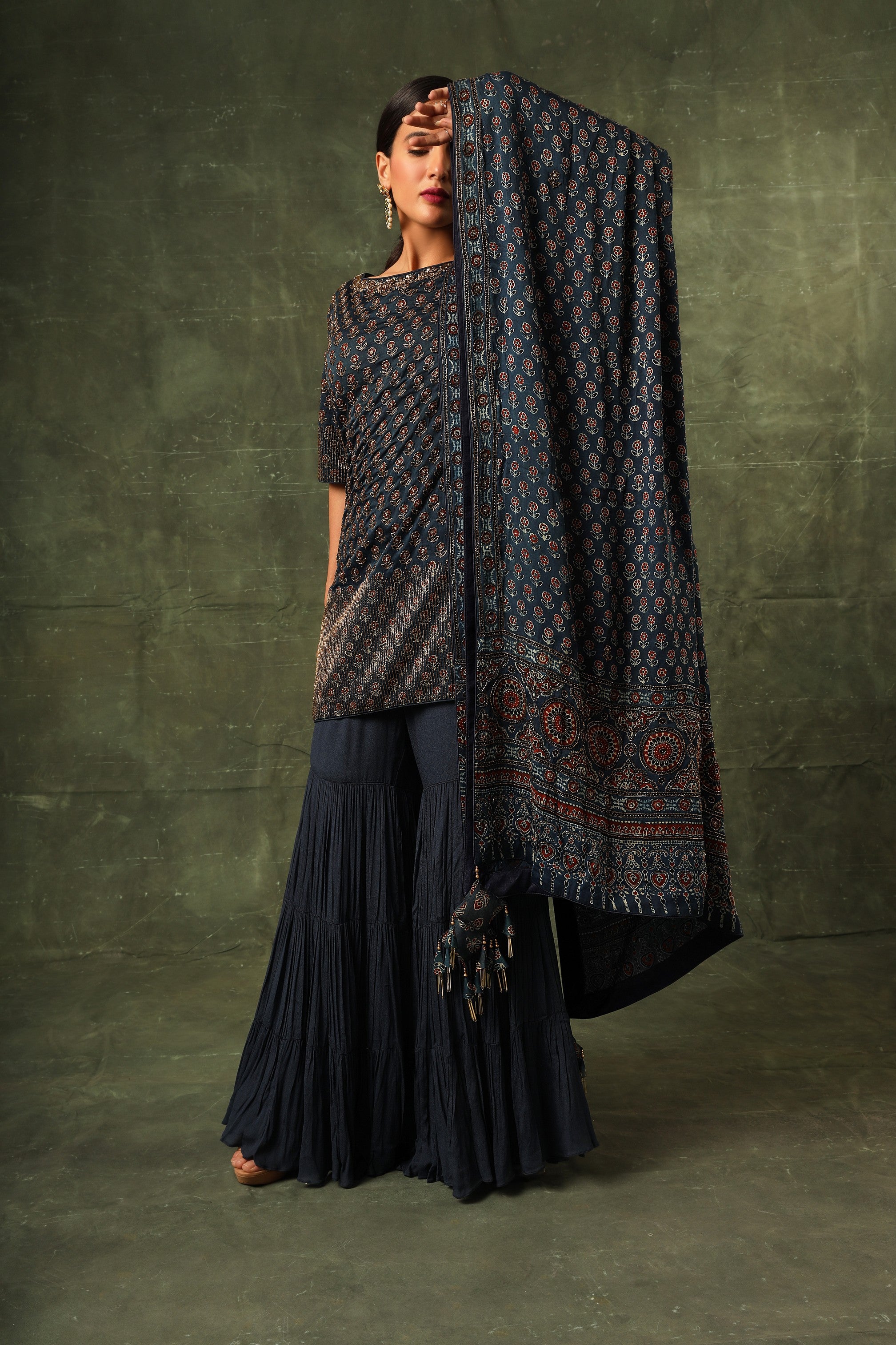 Blue ajrakh kurta and sharara with dupatta