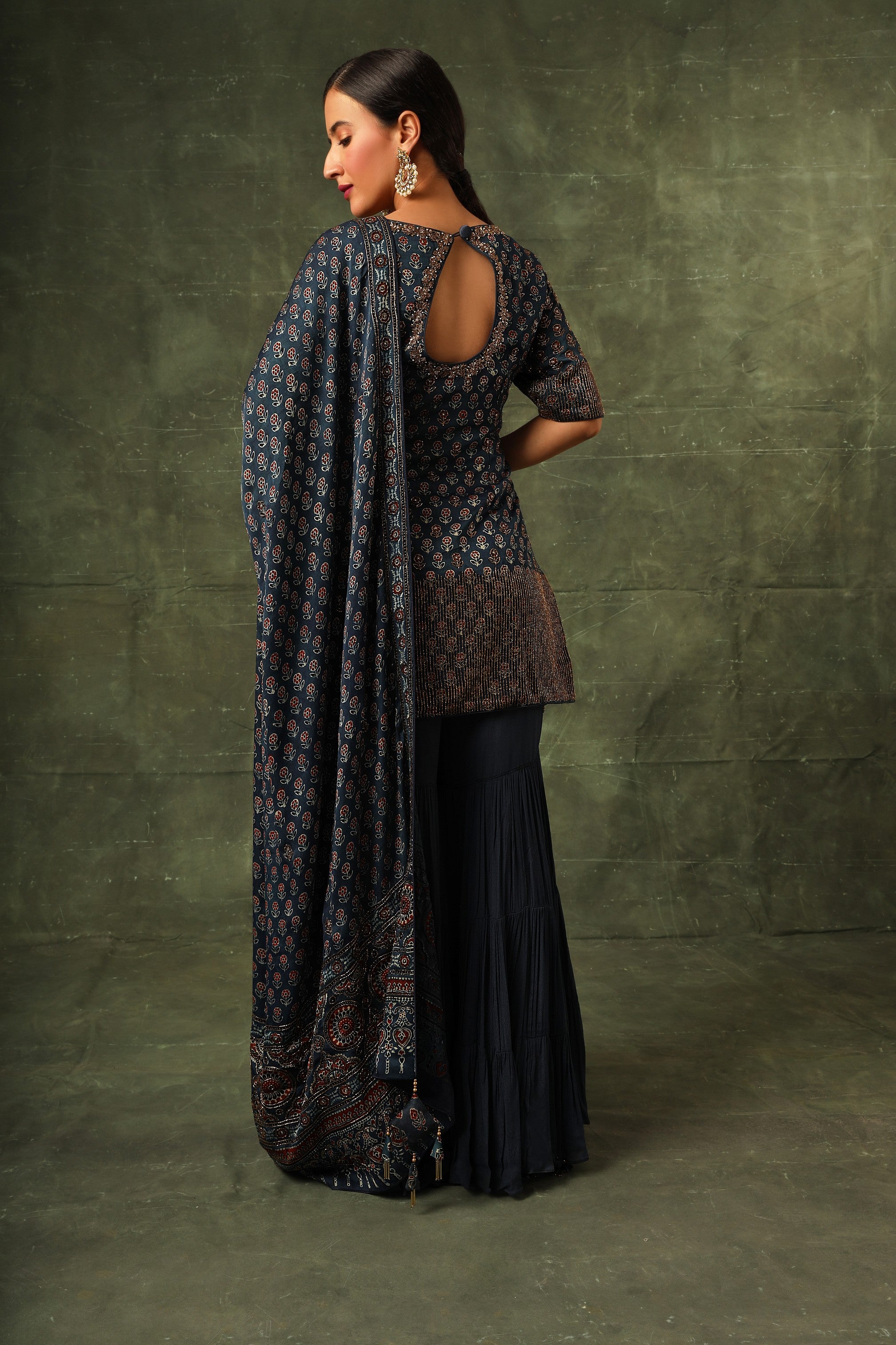 Blue ajrakh kurta and sharara with dupatta